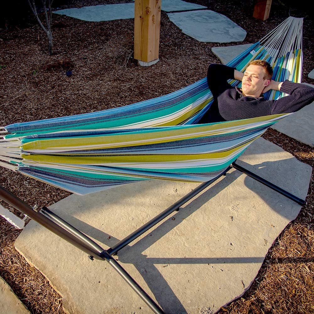 Vivere Double Cotton Hammock with Steel Stand, 450 lb Capacity, Tropical Colors, Includes Premium Carry Bag