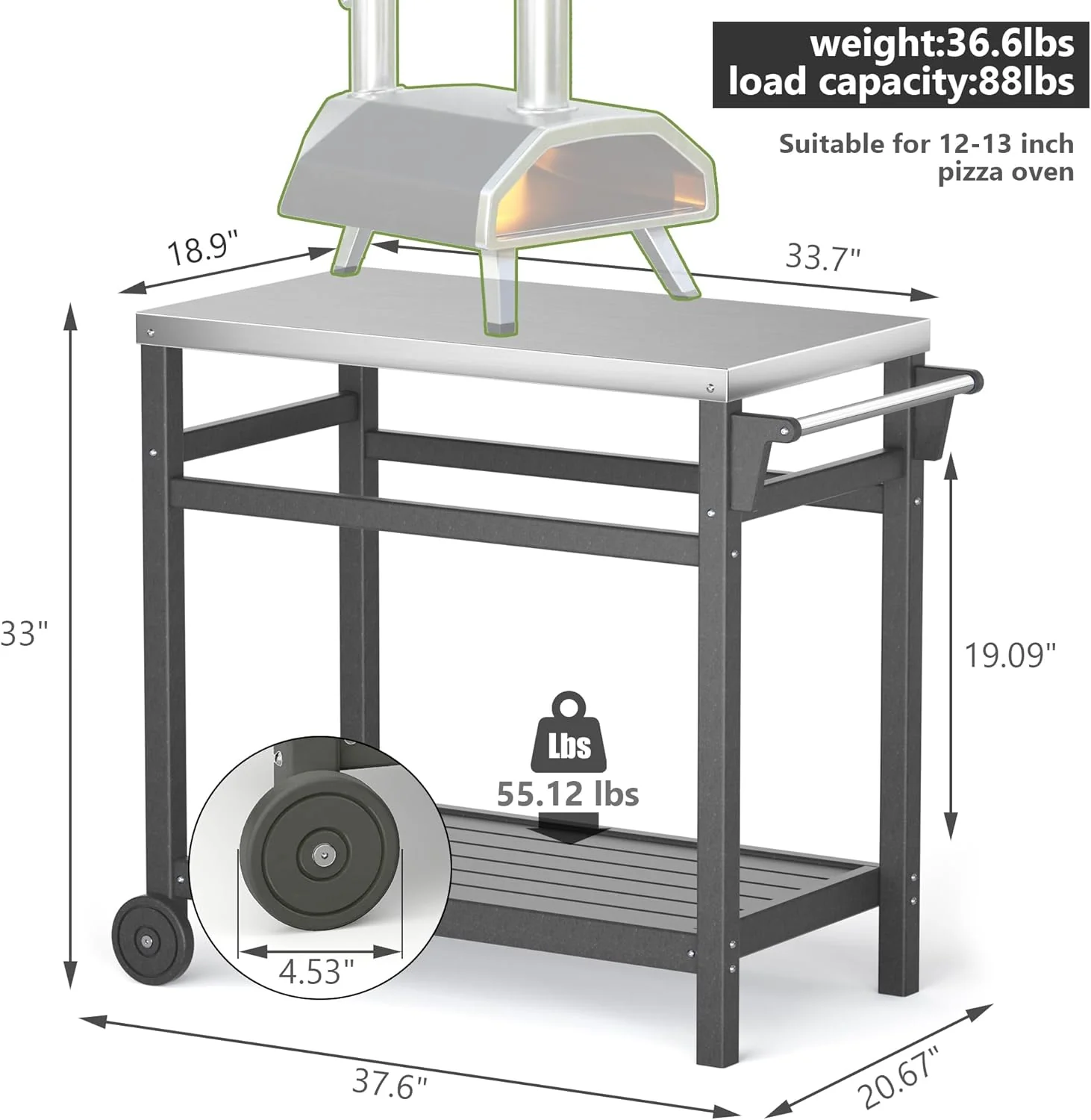 Outdoor Prep Cart Dining Table for Pizza Oven, Patio Grilling, and Backyard BBQ | Gray