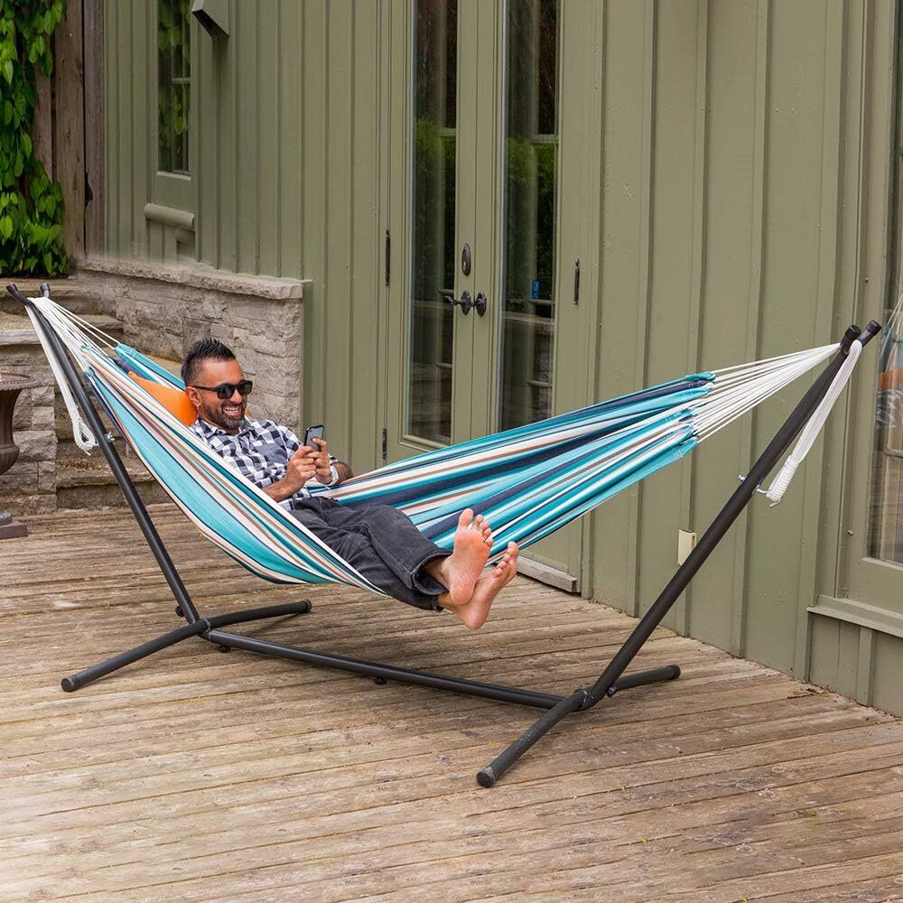Vivere Double Cotton Hammock with Steel Stand, 450 lb Capacity, Tropical Colors, Includes Premium Carry Bag