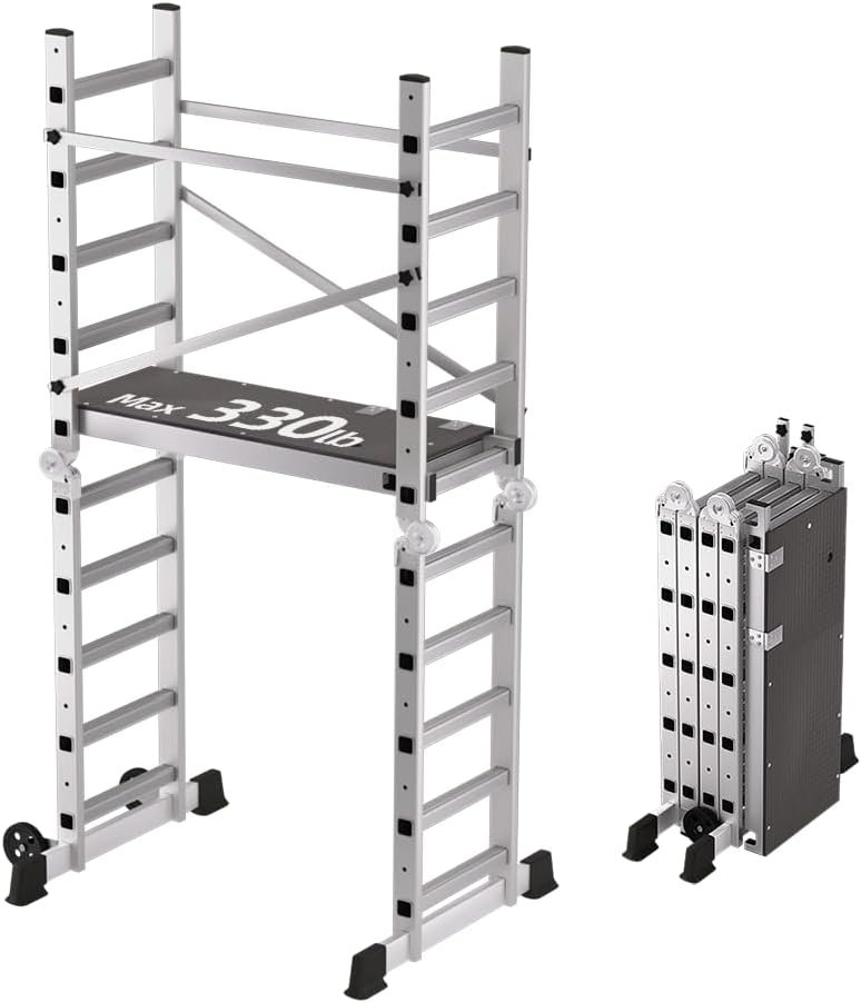Foldable Scaffolding Ladder, Multipurpose Rolling Work Platform, Scaffold Tower, Ladder Stool Bench, Adjustable Platform, 330 Lbs Duty Rate
