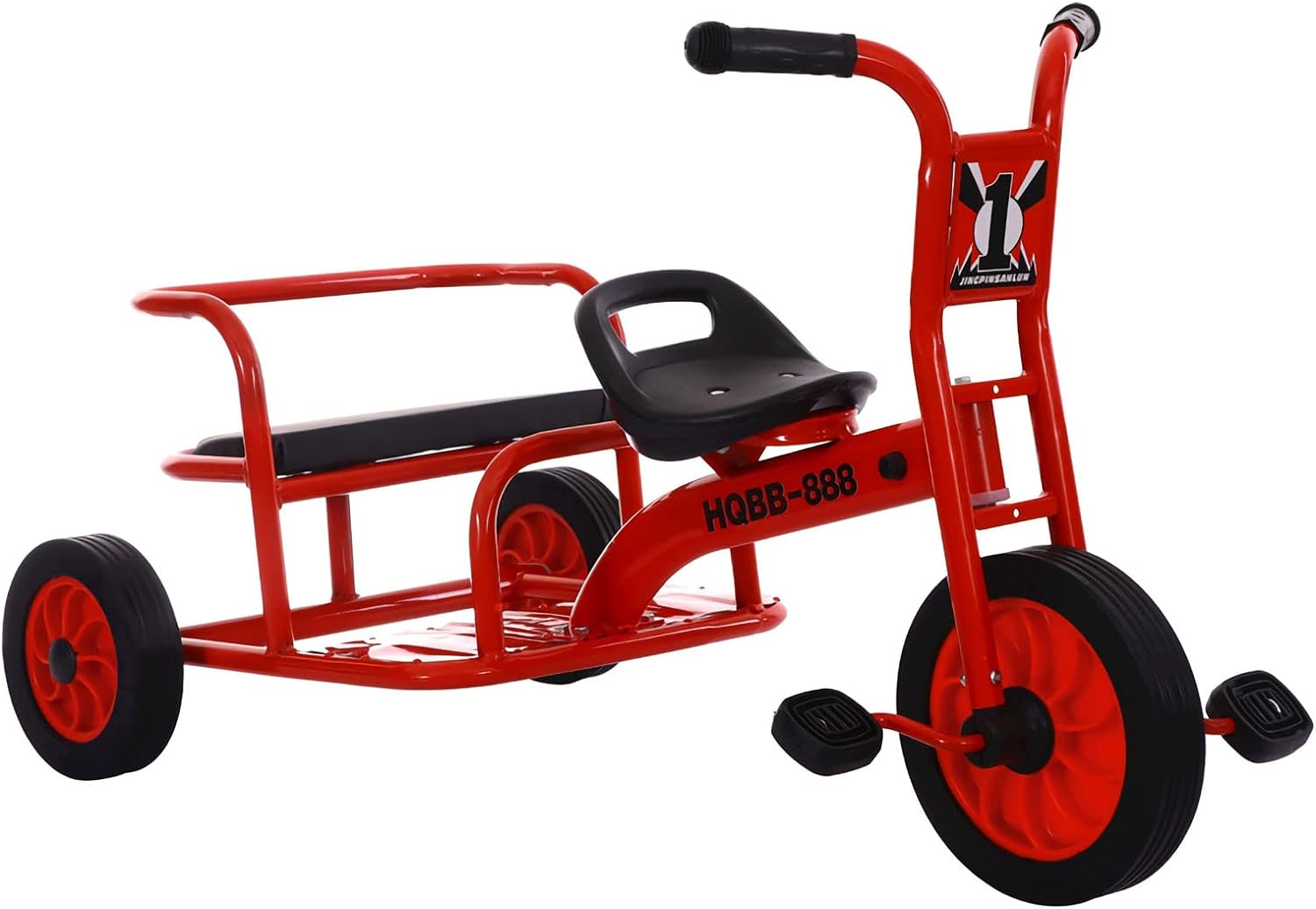 Double Seat Tandem Tricycle for Kids Ages 3-8, Carbon Steel Frame, Inflation-Free Rubber Wheels, Outdoor Play Equipment