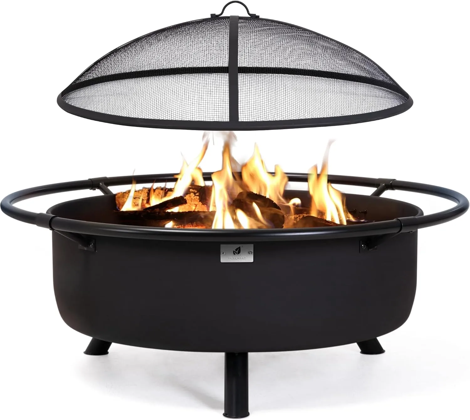 SUNCREAT 42��� Alloy Steel Outdoor Fire Pit, Wood Burning with Spark Screen & Poker, Black, Round Garden Fireplace