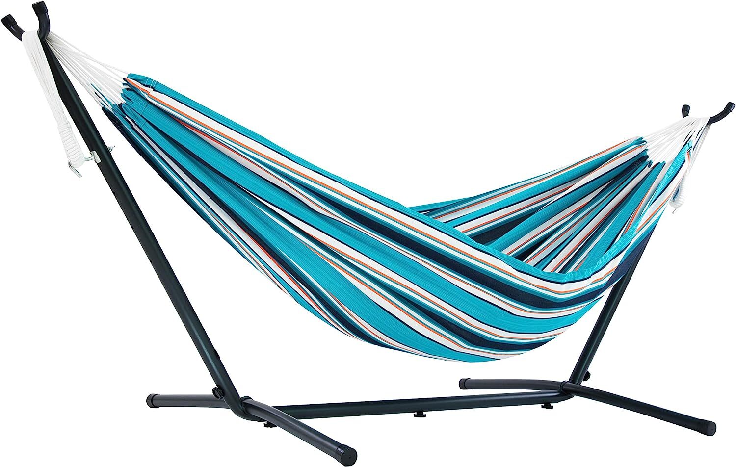 Vivere Double Cotton Hammock with Steel Stand, 450 lb Capacity, Tropical Colors, Includes Premium Carry Bag