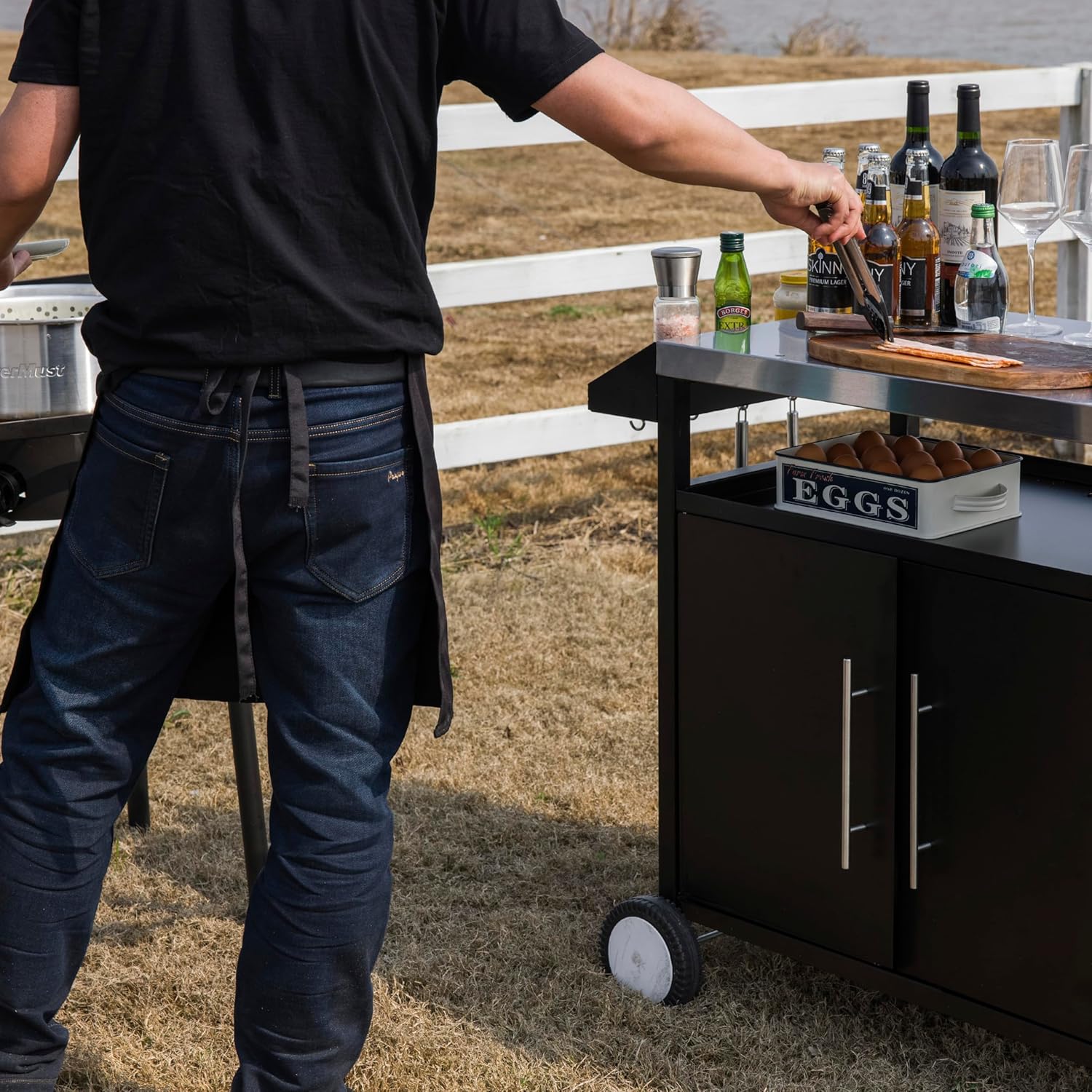 Grill Table Outdoor Kitchen Cabinet, Moveable Outdoor Prep Table & Bar for Storage, Grilling and Pizza Oven, Multifunctional Silver & Black