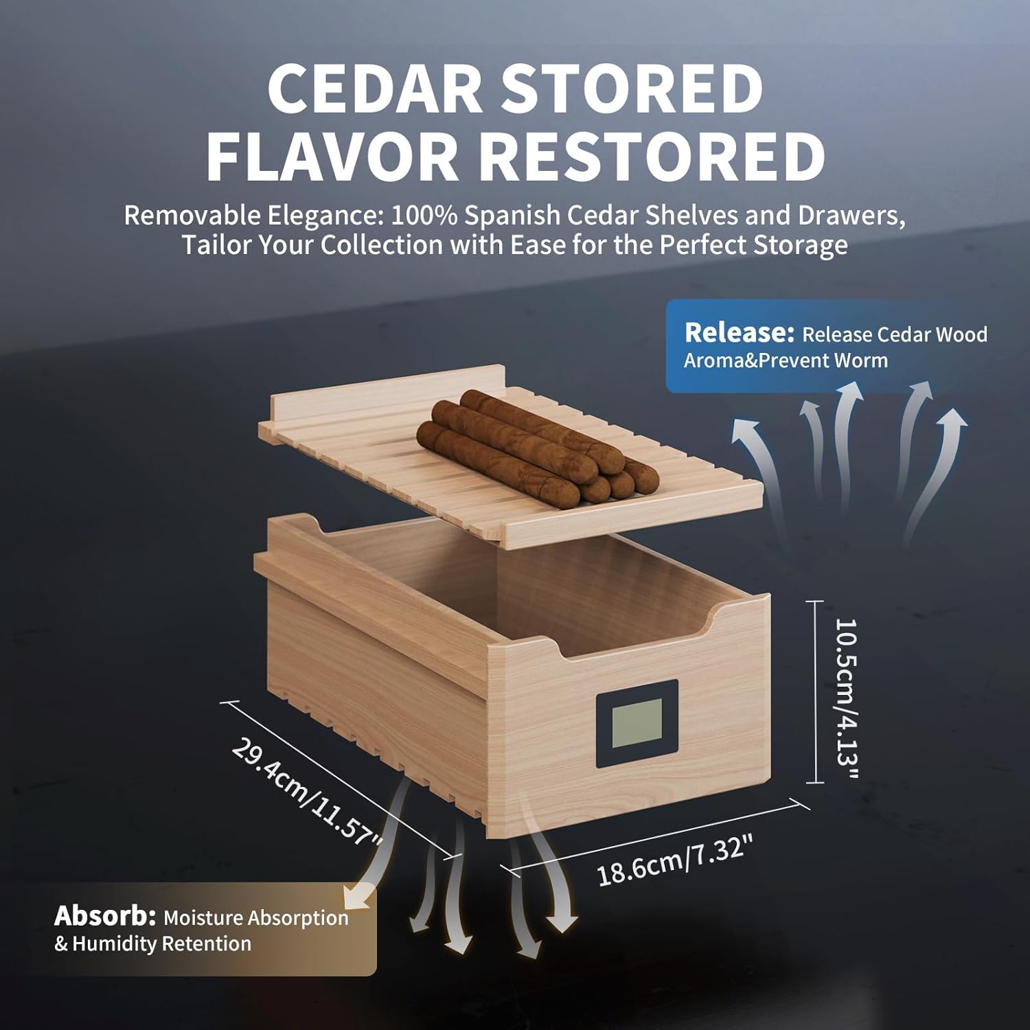 ThermoCigar 48L Cigar Humidor with Heating & Cooling, Cedar Wood, Digital Hygrometer, Quiet Electric Cooler for 350 Cigars