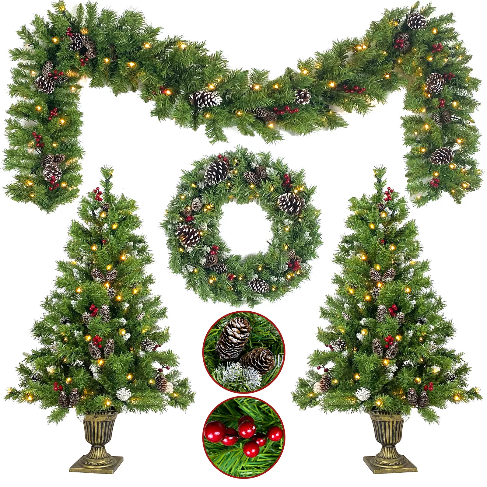 Pre-lit Christmas Tree Garland Wreath 4-Piece Set with LED Lights Artificial NEW