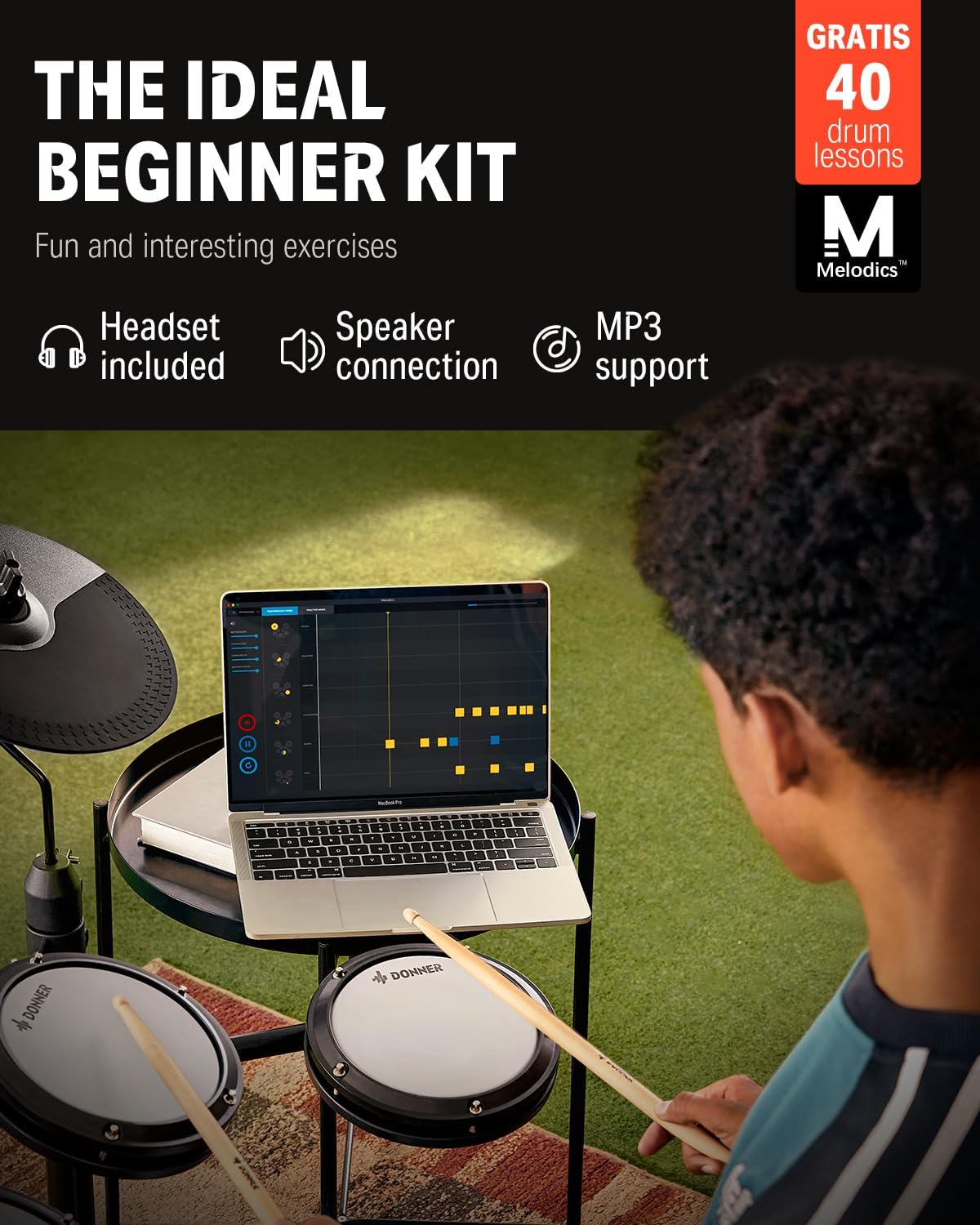 Electronic Drum Set with 4 Quiet Mesh Pads, 180+ Sounds, 2 Pedals, Throne, Headphones, Sticks, and Melodics Lessons