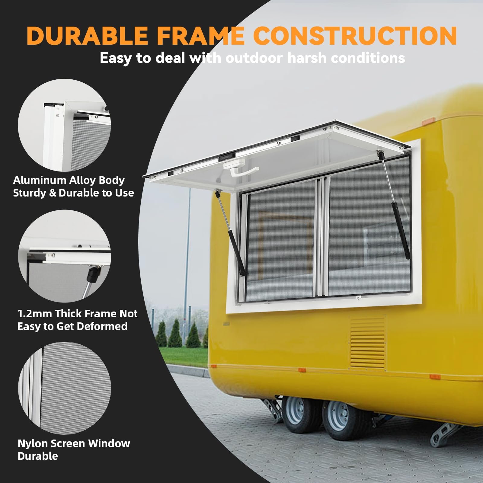 Concession Window 36W x 36H Aluminum Alloy Food Truck Service Window with Sliding Screens & Awning Door, Hydraulic Lift, Locking Mechanism, Versatile for Catering