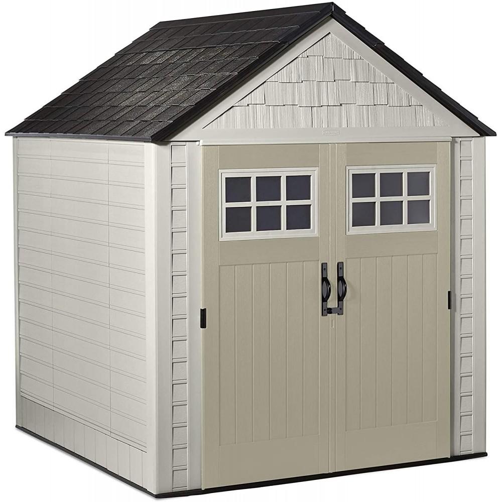 g Rubbermaid 7��7 Ft Durable Weather Resistant Resin Outdoor Garden Storage Shed with Windows and Utility Hooks, Sand