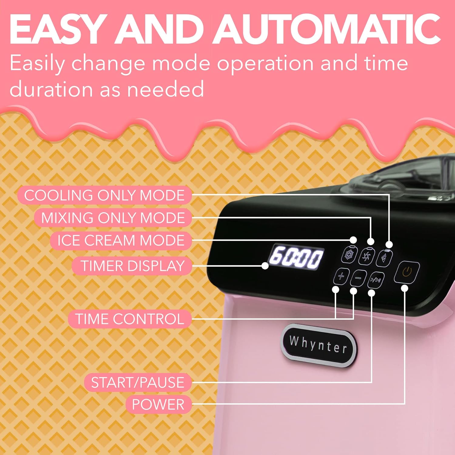 Automatic Ice Cream Maker 1.6 Quart Capacity Stainless Steel, with Built-in Compressor, no pre-Freezing, LCD Digital Display, Timer, One Size, Black