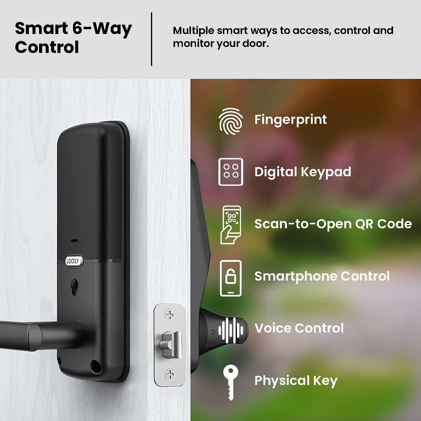 Lockly Smart Door Lock  C Keyless Entry with Biometric Fingerprint, Voice Control, Matte Black, Latch Edition, Wi-Fi & Bluetooth Enabled