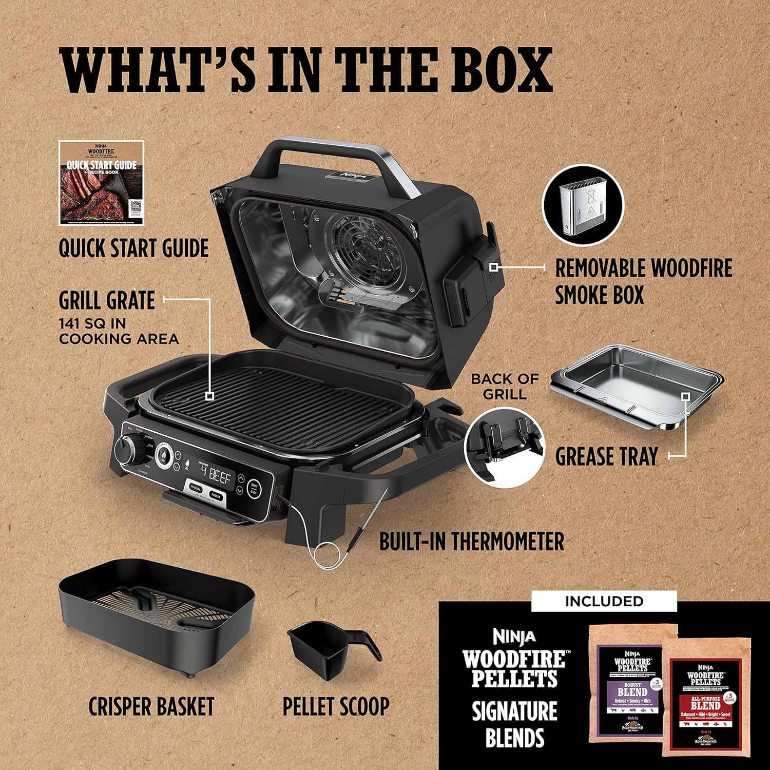 7-in-1 Grill & Smoker with Thermometer, Air Fryer, BBQ, Bake, Roast, Broil - Portable Electric Outdoor Grill, Grey