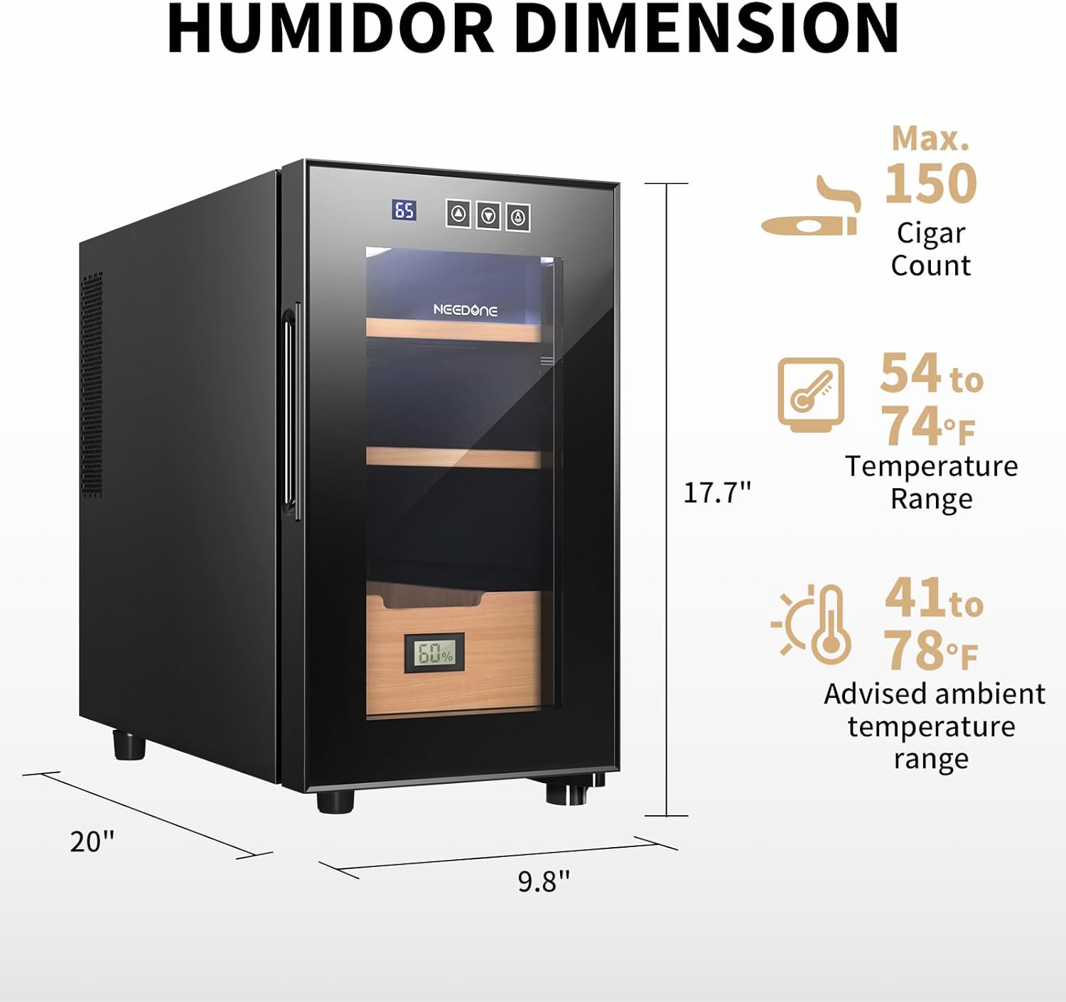 ThermoCigar 48L Cigar Humidor with Heating & Cooling, Cedar Wood, Digital Hygrometer, Quiet Electric Cooler for 350 Cigars