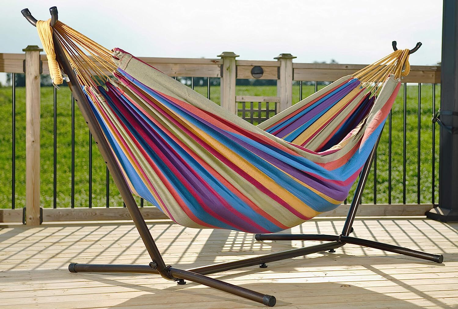 Vivere Double Cotton Hammock with Steel Stand, 450 lb Capacity, Tropical Colors, Includes Premium Carry Bag