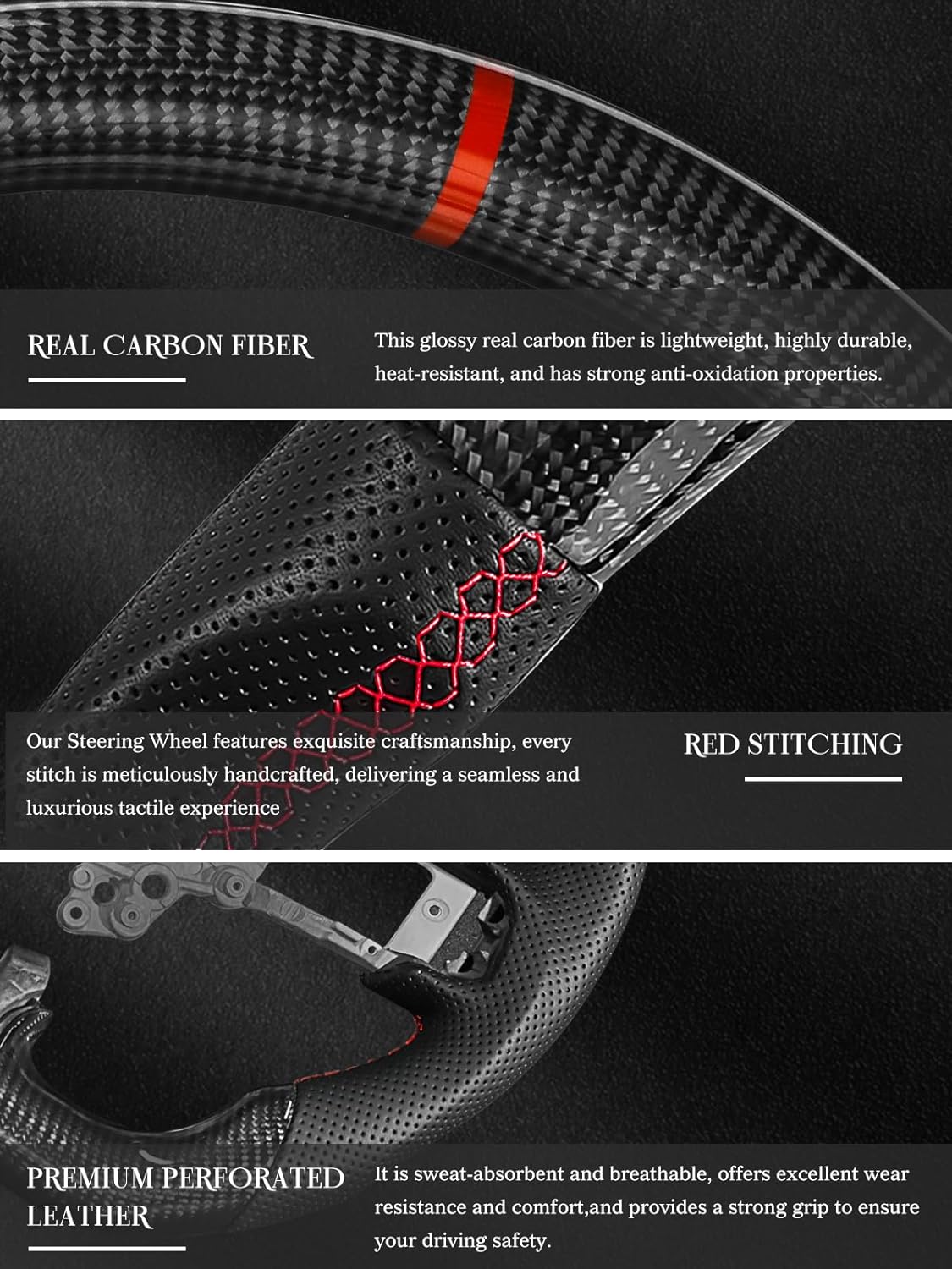 Carbon Fiber Steering Wheel for Ford Mustang 2018-2022 Nappa Perforated Leather with Hand Stitching D-shaped Steering Wheel for Mustang EcoBoost/GT for Shelby GT350/GT350R