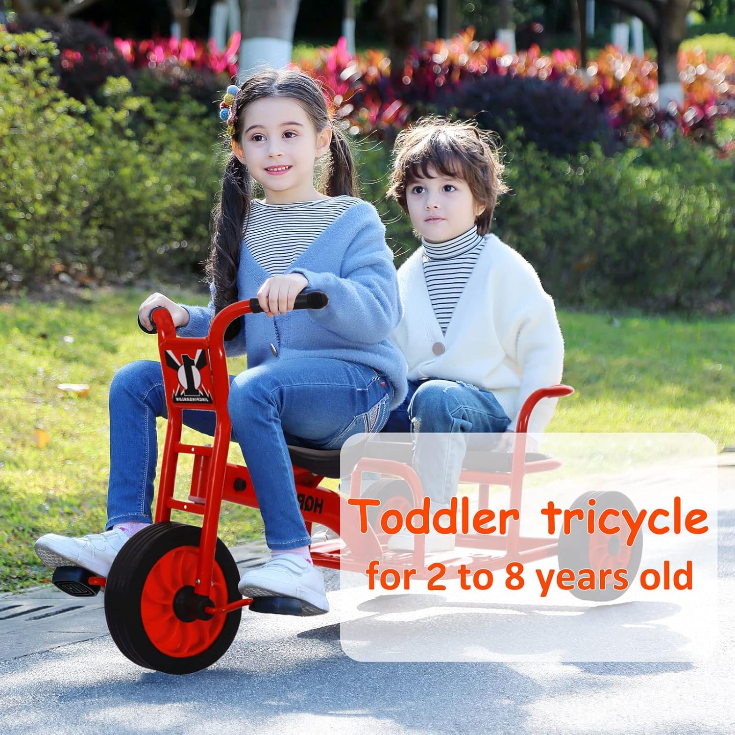 Double Seat Tandem Tricycle for Kids Ages 3-8, Carbon Steel Frame, Inflation-Free Rubber Wheels, Outdoor Play Equipment