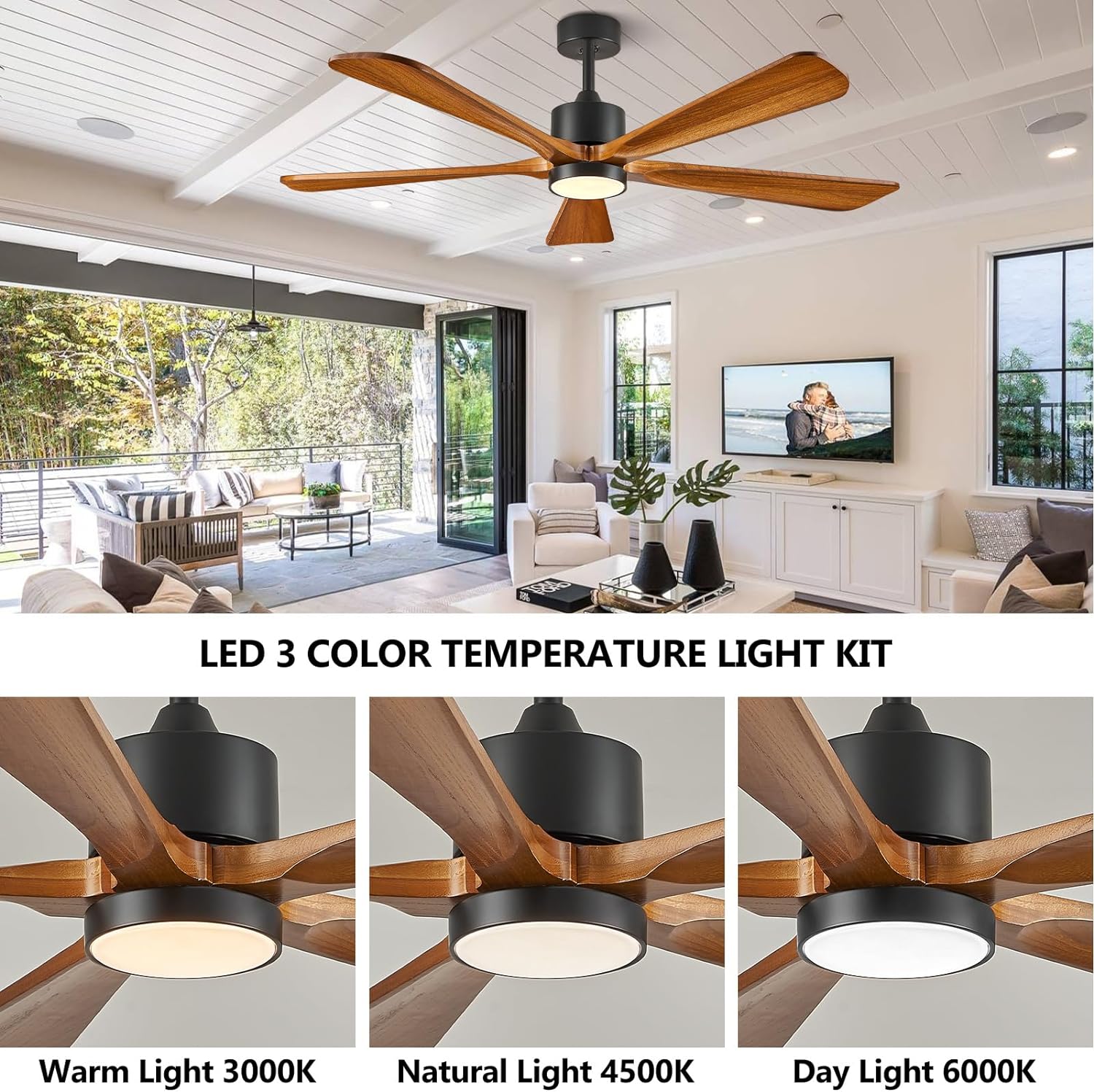 Ceiling Fans with Lights, 60 inch Outdoor Ceiling Fans with Lights for Patio and Remote Control, Modern Ceiling Fan with Light, 5 Solid Wood Blades 6-Speed Reversible DC Motor (Dark Brown)