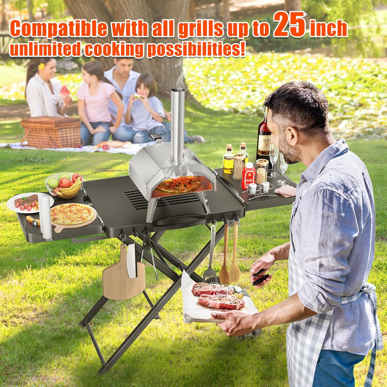 Portable Grill Cart for Outdoor Grills - Large Space Collapsible Stand with Side Shelf