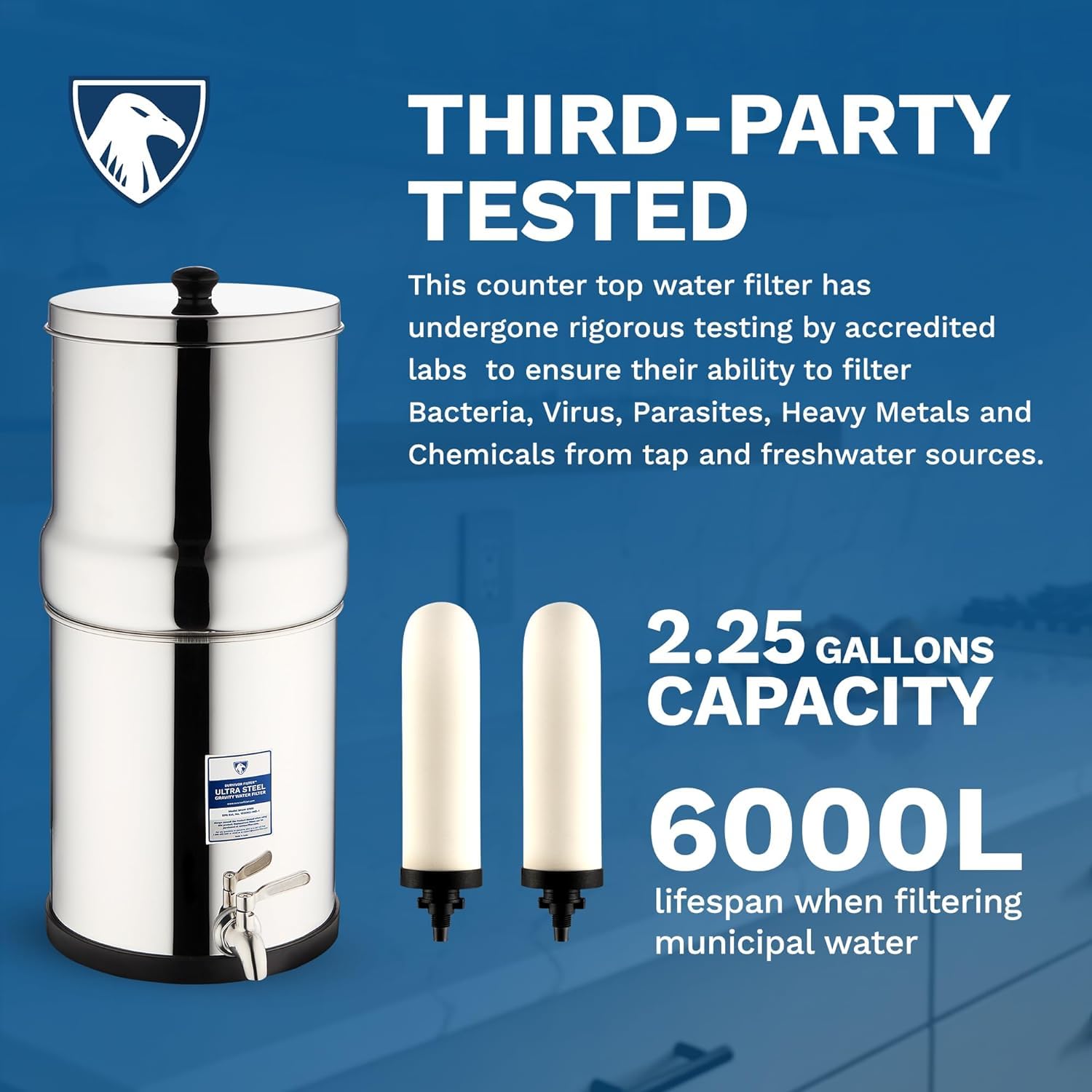 Gravity Water Filter System - Stainless Steel Countertop, 2.25 Gallon Ceramic Filters for Home and Outdoors, Eliminates Viruses, Bacteria, and Parasites