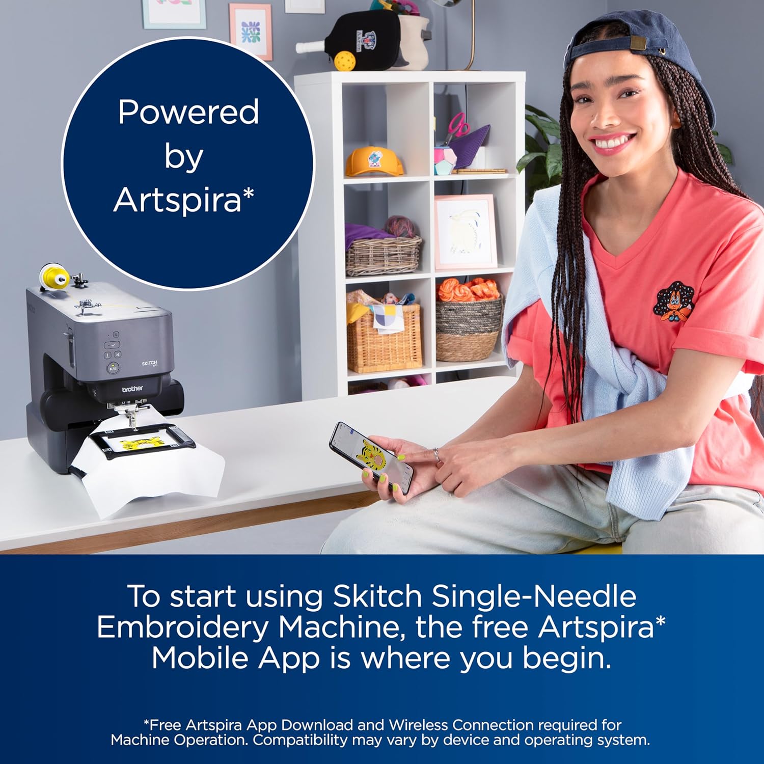 Skitch Single-Needle Embroidery Machine with Mobile App Support Bundle with Brother Magnetic SAMFP70 3 in. x 3 in. Embroidery Frame (2 Items)