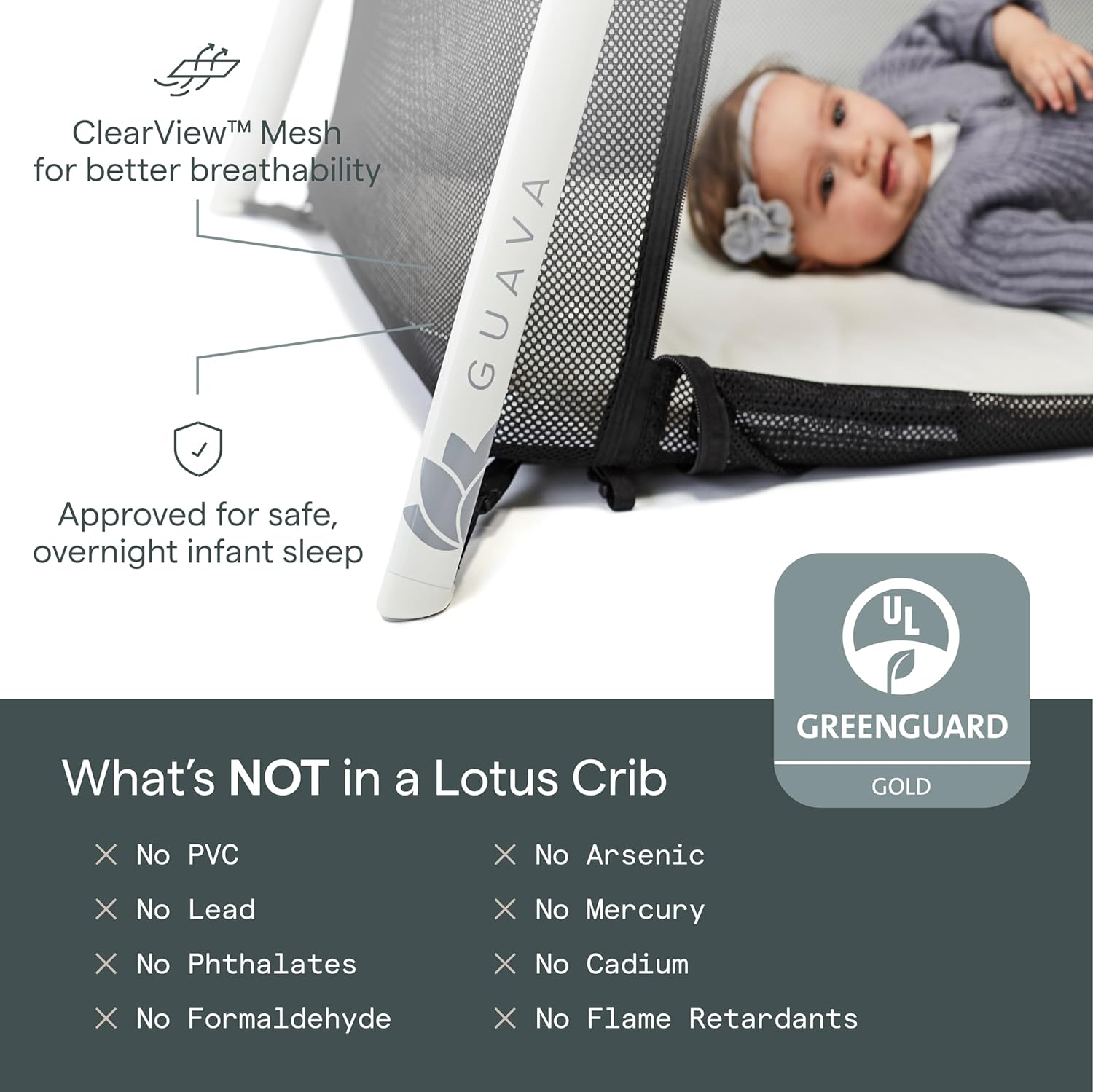 Lotus Travel Crib  C Lightweight Aluminum Portable Play Yard with Backpack, Safe for Infants, Easy Fold, Includes Mattress, Grey/Black/White