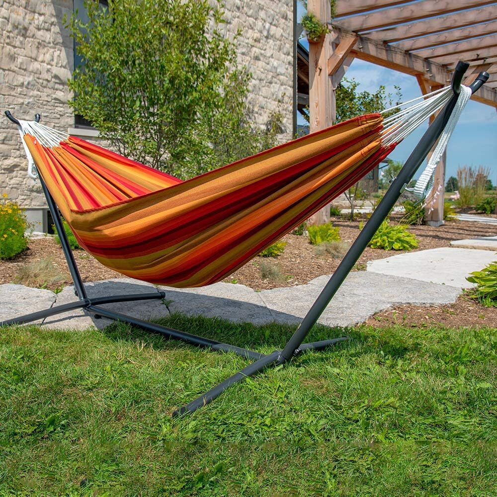 Vivere Double Cotton Hammock with Steel Stand, 450 lb Capacity, Tropical Colors, Includes Premium Carry Bag