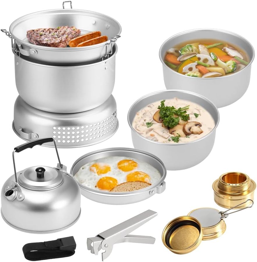 10 PCS Stove Kit Portable Dish Plates Pots Water Kettle Hand Vice Outdoor Camping Cooking Set