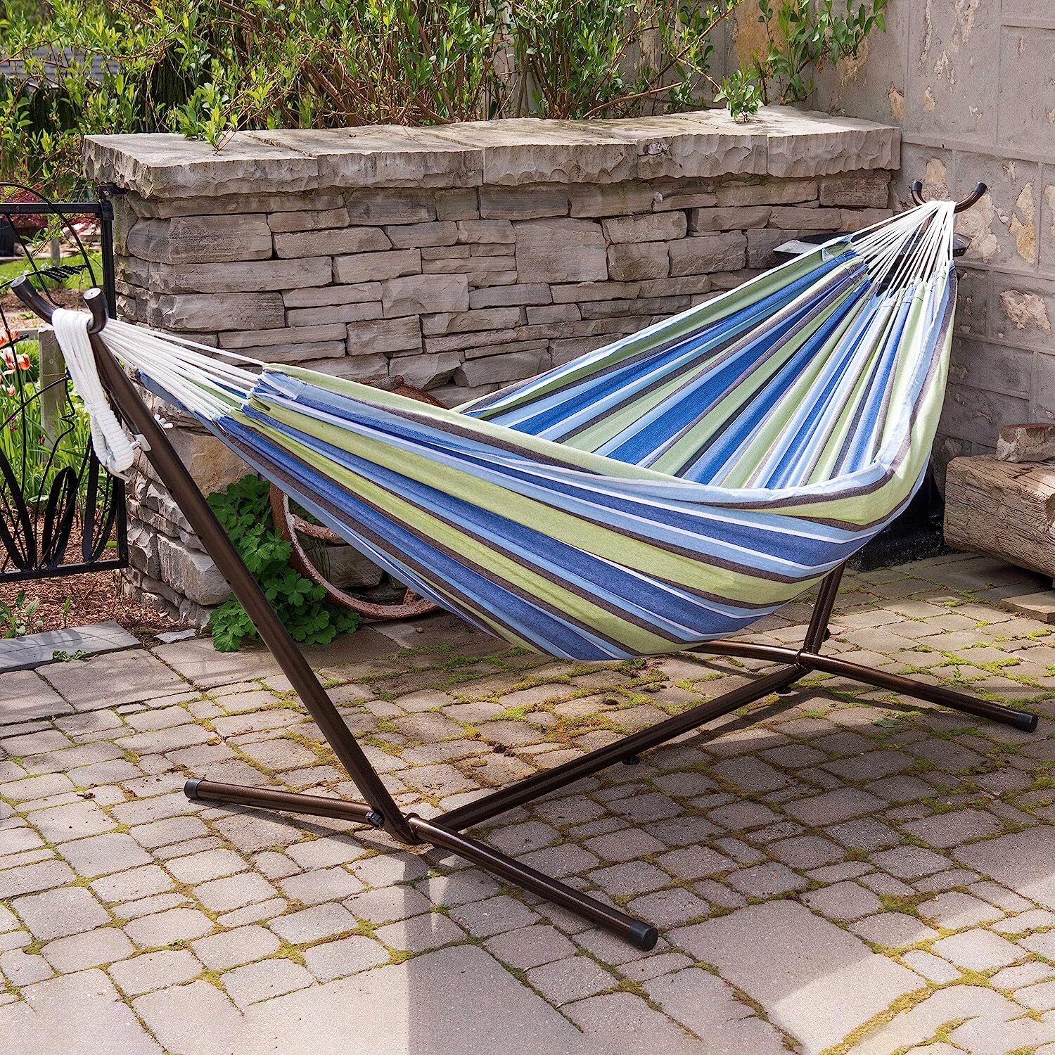 Vivere Double Cotton Hammock with Steel Stand, 450 lb Capacity, Tropical Colors, Includes Premium Carry Bag