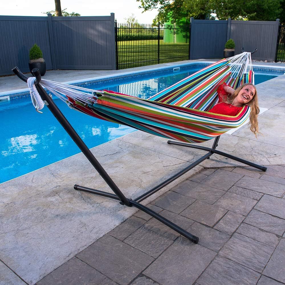 Vivere Double Cotton Hammock with Steel Stand, 450 lb Capacity, Tropical Colors, Includes Premium Carry Bag