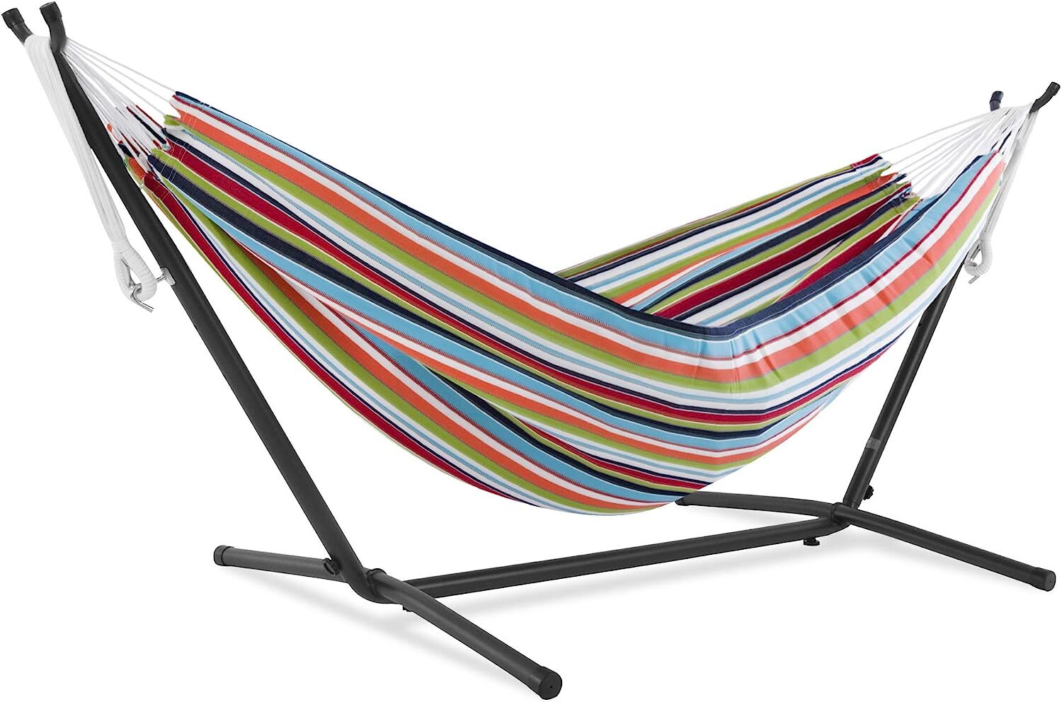 Vivere Double Cotton Hammock with Steel Stand, 450 lb Capacity, Tropical Colors, Includes Premium Carry Bag