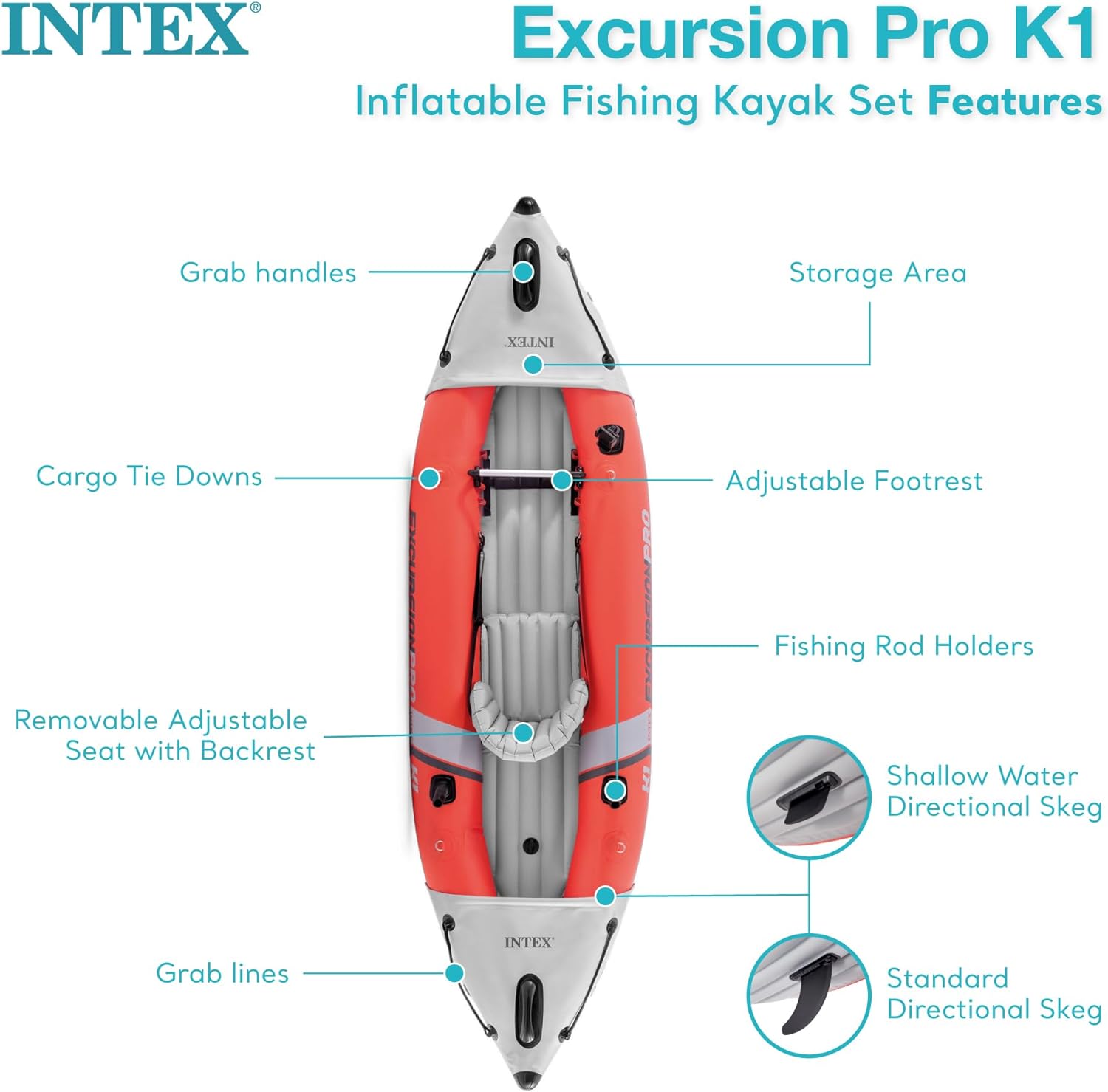 Excursion Pro Inflatable Kayak Series: Includes Deluxe 86in Kayak Paddles and High-Output Pump  ?SuperTough PVC  ?Adjustable Bucket Seat  ?Fishing Rod Holders  ?Grab Handles