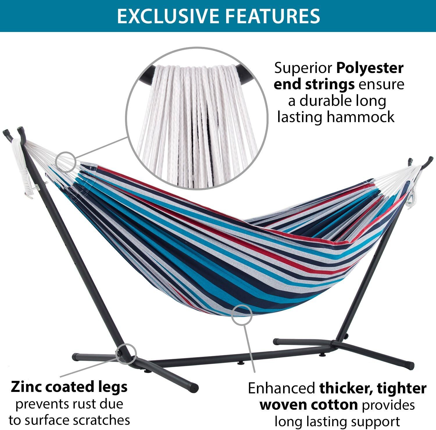 Vivere Double Cotton Hammock with Steel Stand, 450 lb Capacity, Tropical Colors, Includes Premium Carry Bag