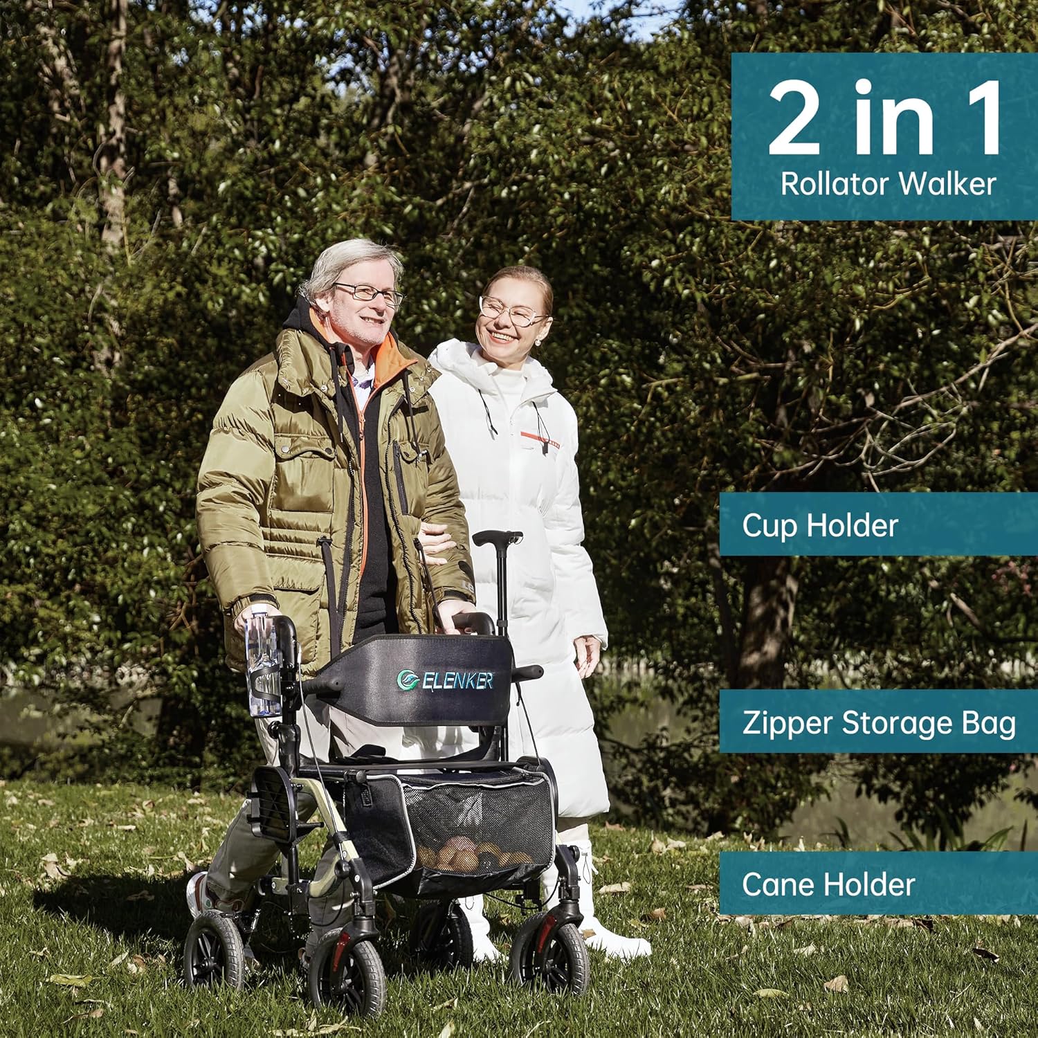 Blue All-Terrain 2-in-1 Rollator Walker & Transport Chair with 10   Non-Pneumatic Wheels, Folding Design, Reversible Backrest & Detachable Footrests for Seniors