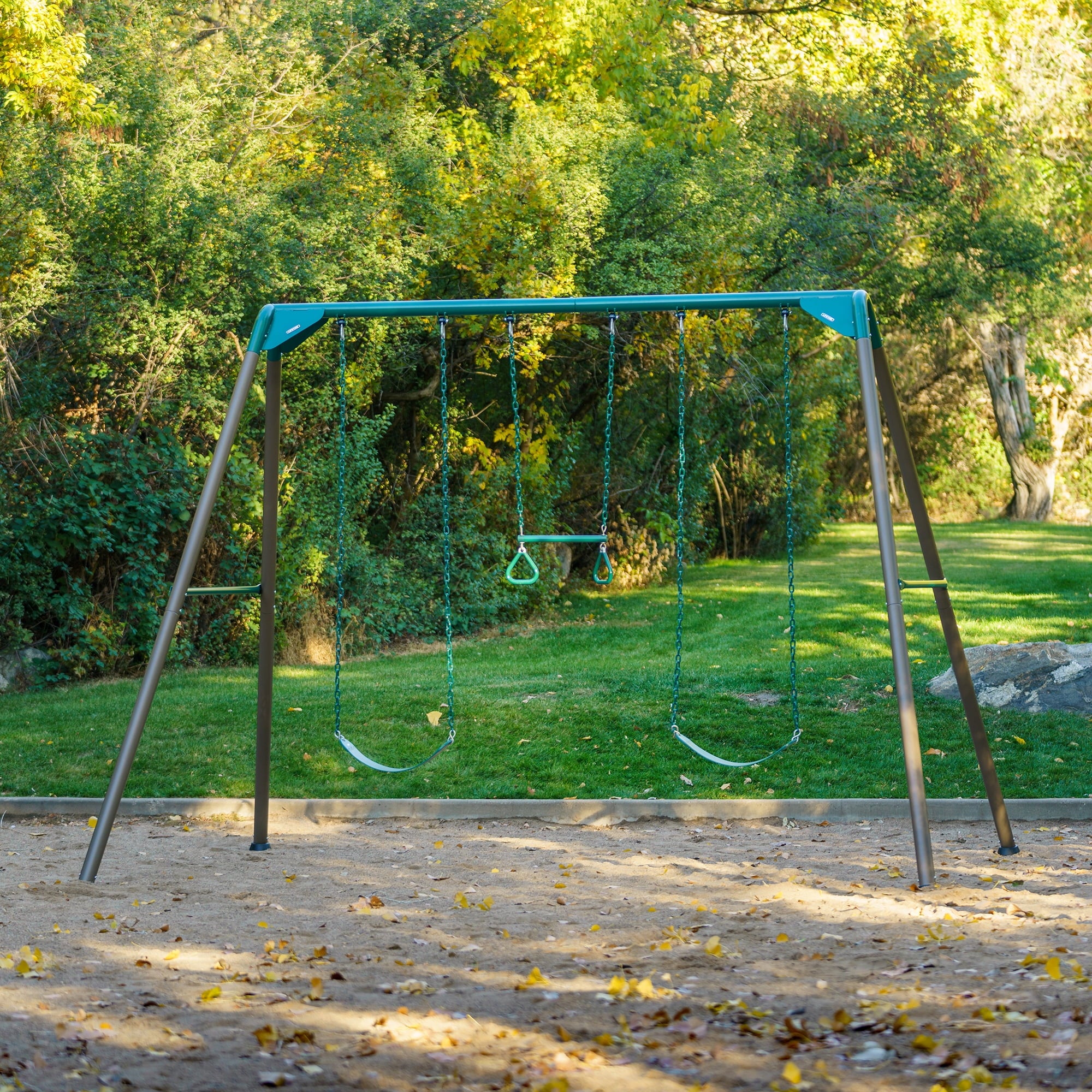 Lifetime Kid's Metal Swing Set with 2 Belt Swings and Trapeze Bar - 9 feet (91137)
