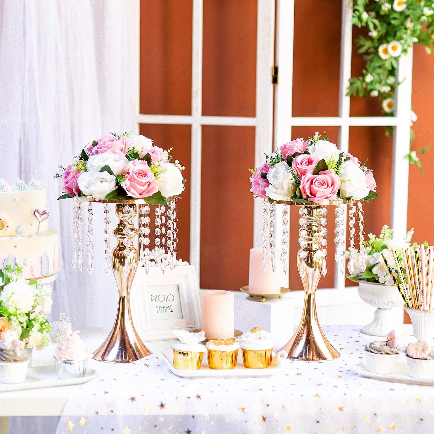 Sziqiqi Gold Metal Crystal Centerpiece Riser, 21.3    Tall, Pack of 10, Elegant Floral Stand for Weddings & Events