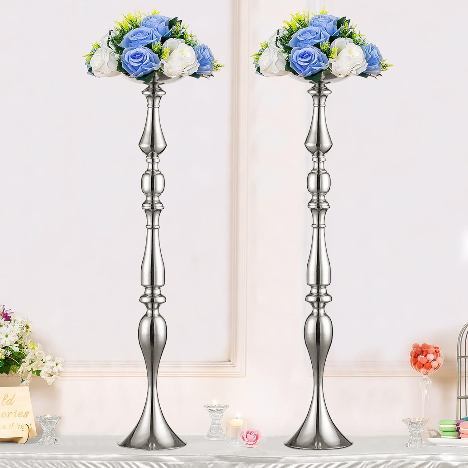Elegant Silver Metal Wedding Centerpiece Stand 31.5     C Tall Tabletop Decor for Events & Parties