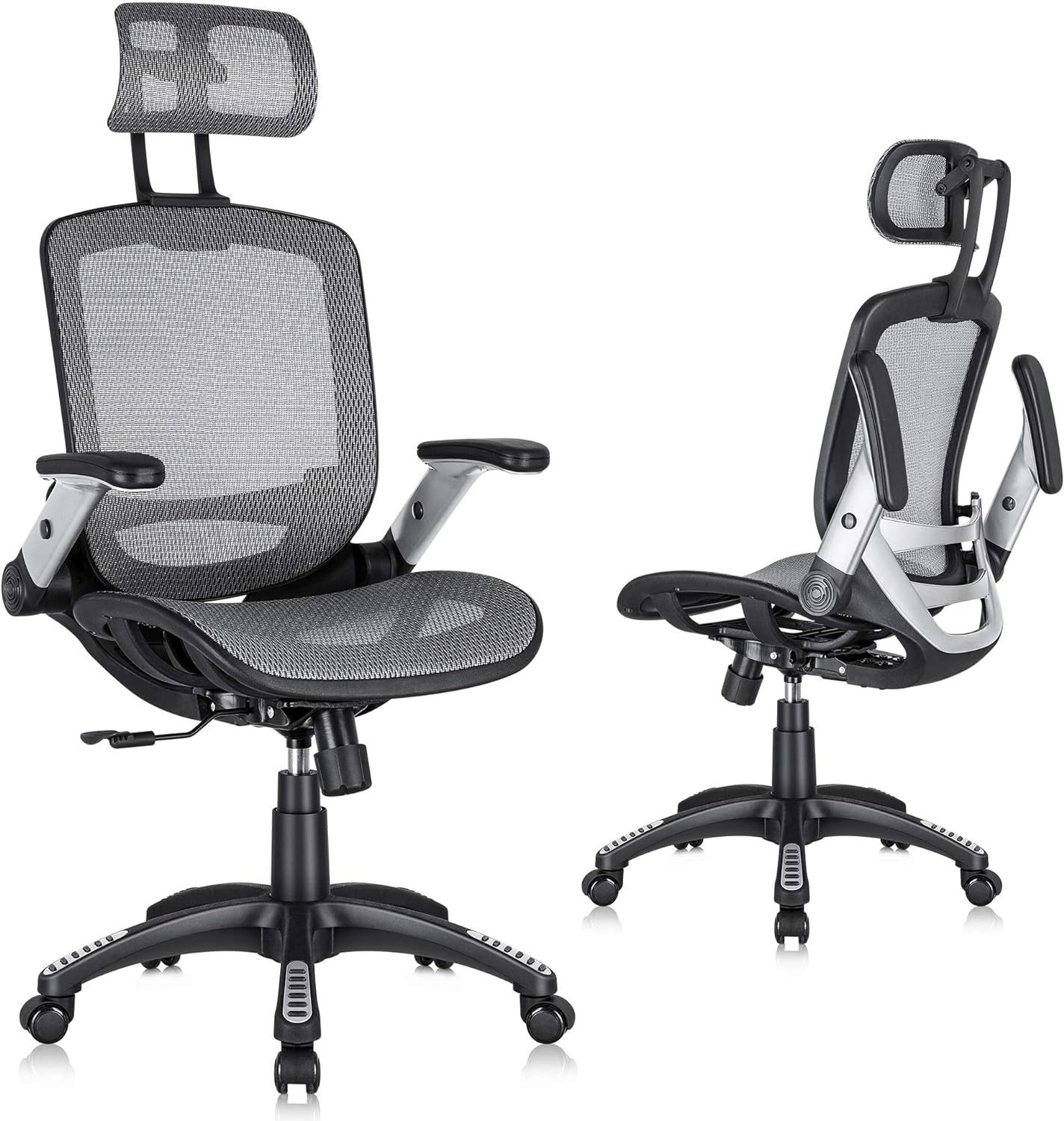 Ergonomic Mesh Office Chair, High Back Desk Chair - Adjustable Headrest with Flip-Up Arms, Tilt Function, Lumbar Support and PU Wheels, Swivel Computer Task Chair