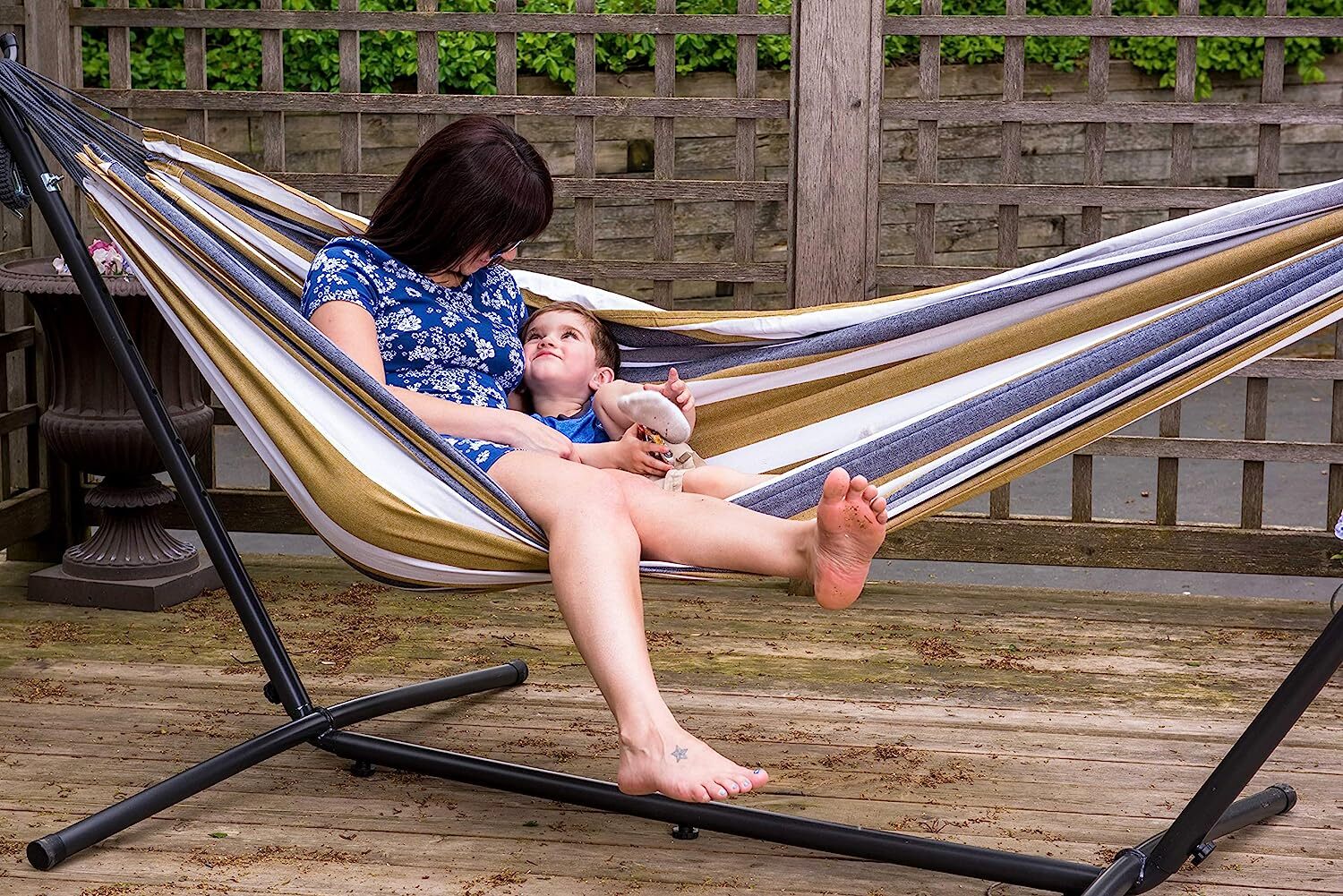 Vivere Double Cotton Hammock with Steel Stand, 450 lb Capacity, Tropical Colors, Includes Premium Carry Bag