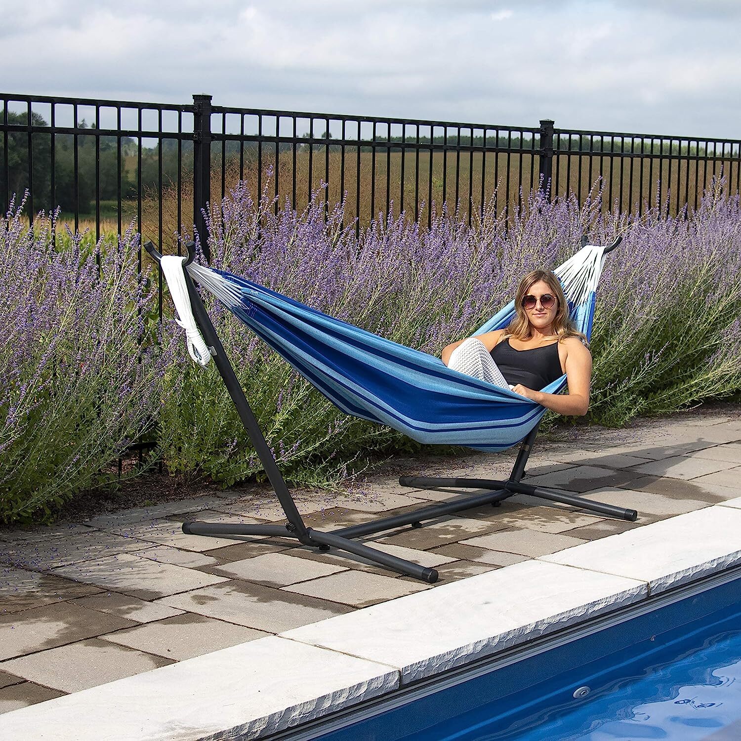 Vivere Double Cotton Hammock with Steel Stand, 450 lb Capacity, Tropical Colors, Includes Premium Carry Bag