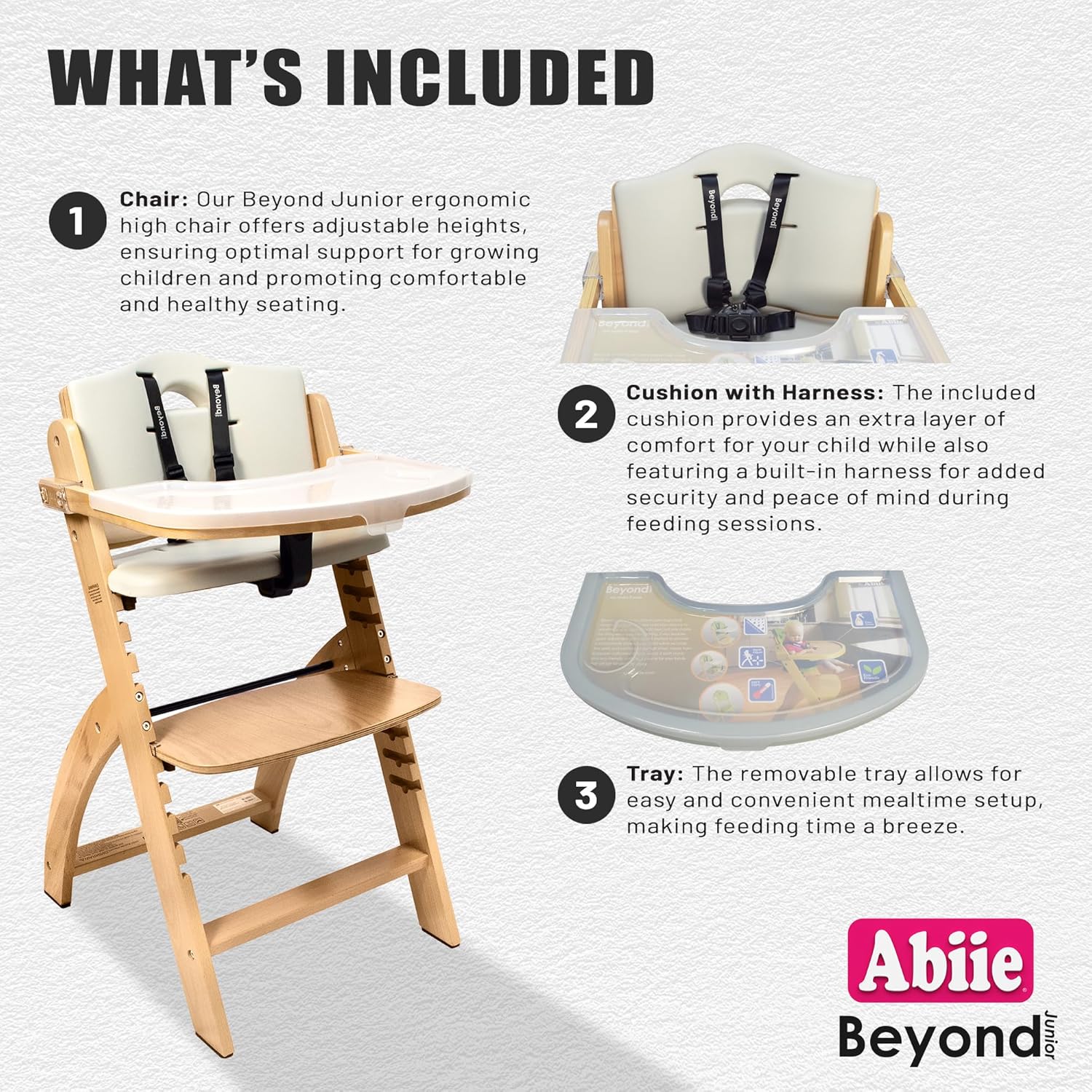 Abiie Beyond Junior High Chair, Adjustable Wood, Dove Grey Cushion, 250 lb Capacity, Stain & Water Resistant