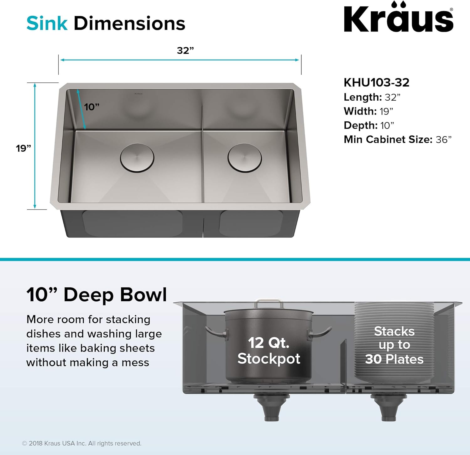 KHU100-32 Standart PRO 16 Gauge Undermount Single Bowl Stainless Steel Kitchen Sink, 32 Inch