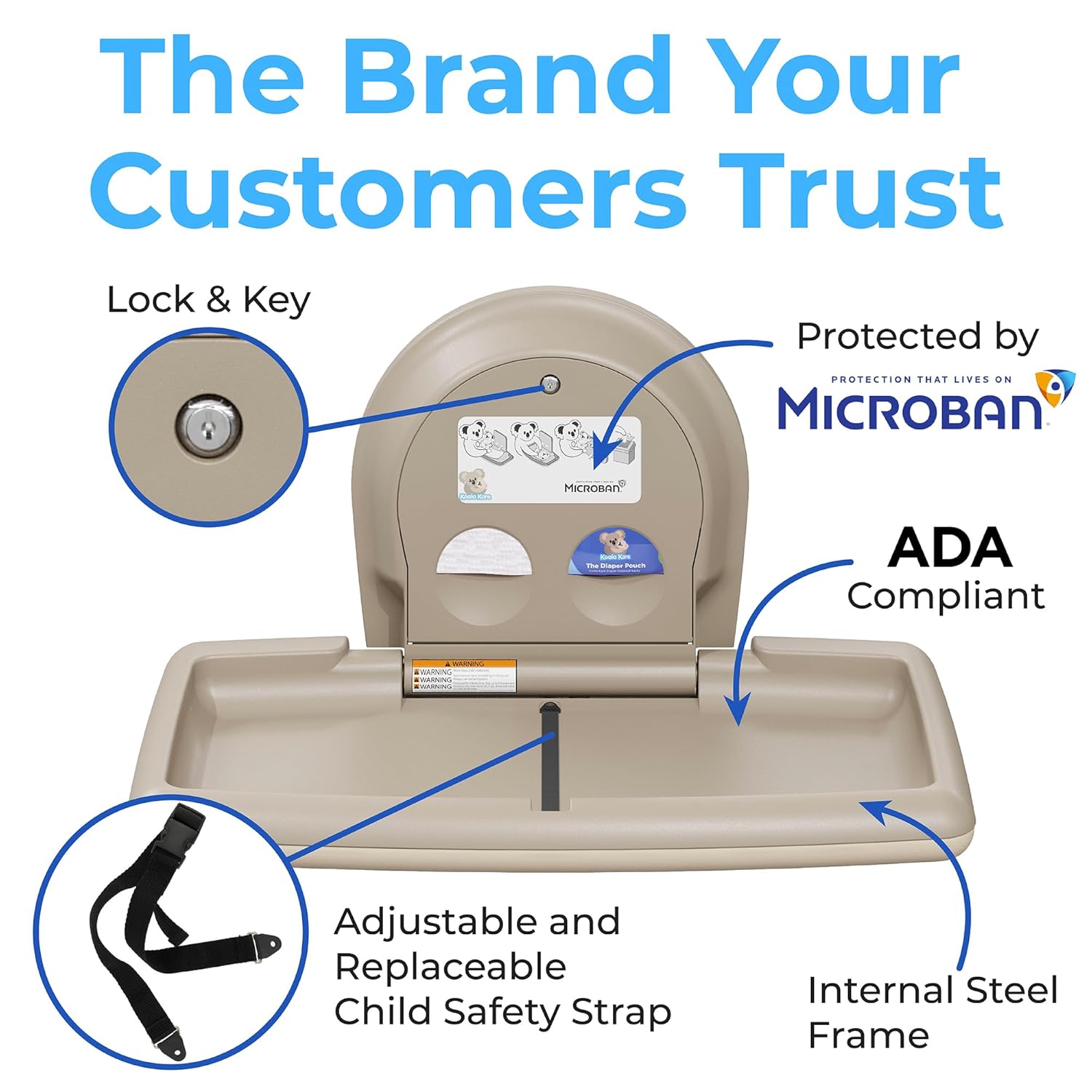 Koala Kare Horizontal Baby Changing Station, Cream, Extra-Wide Surface, Safety Belts, Microban Protection