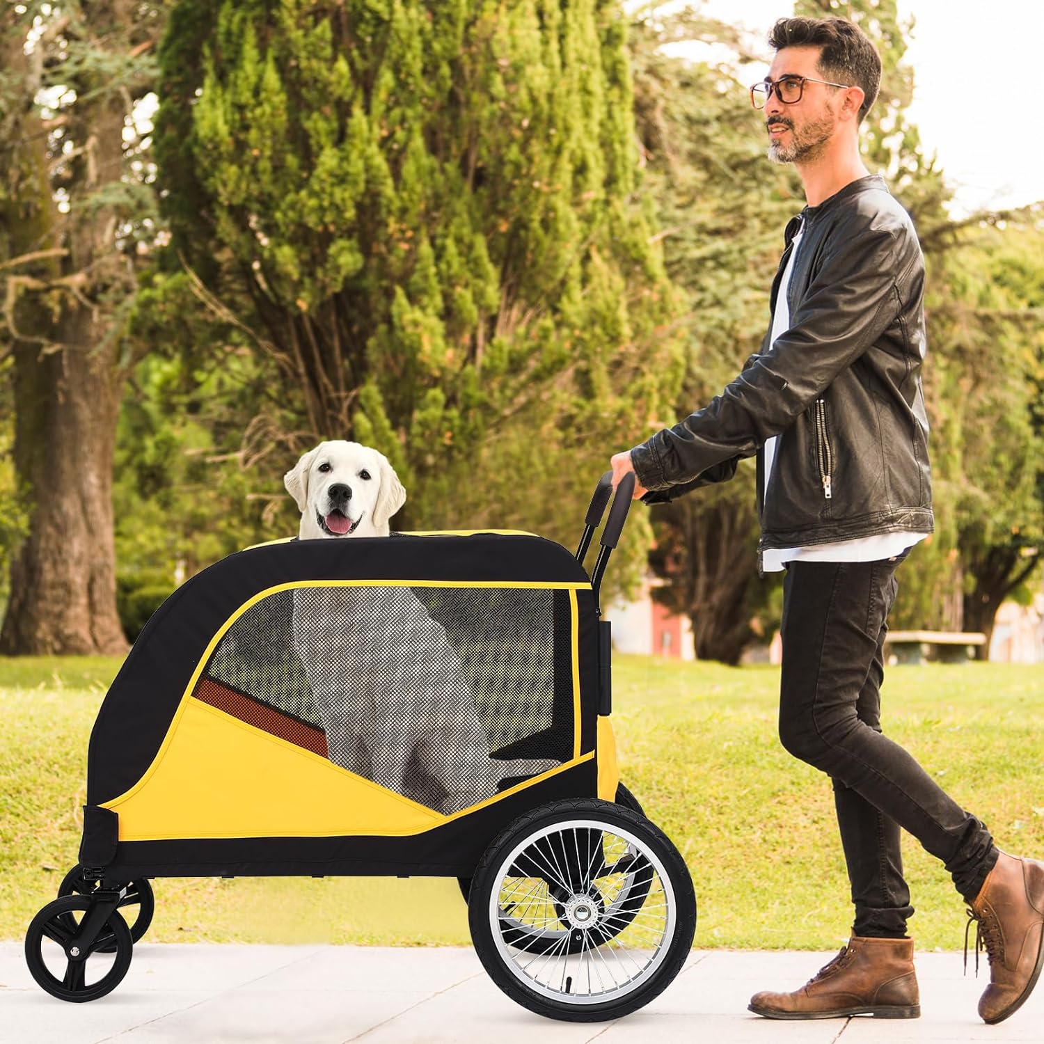 Dog Stroller for Large Pet, Jogger Stroller, Easy Folding Cart Frame, Quick Release Wheel, Breathable Animal Stroller with 4 Wheel and Storage Space Pet Can Easily Walk in/Out Travel