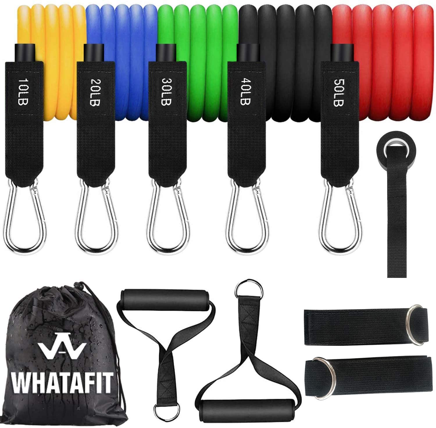 Whatafit Resistance Bands Set  C 100% Natural Latex, Adjustable 10-150 lbs, Home Gym Kit with Door Anchor & Handles, Portable Fitness Equipment