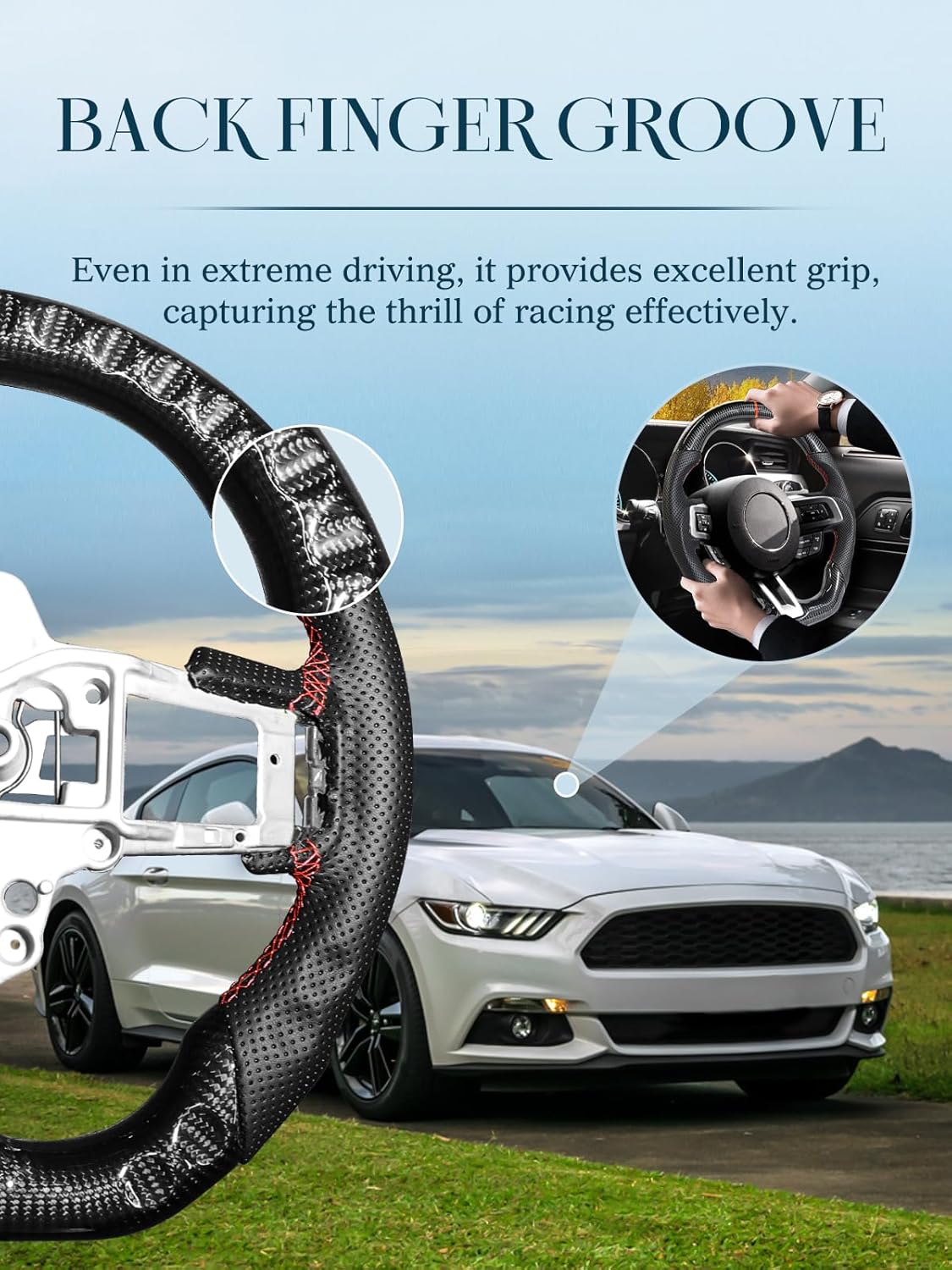 Carbon Fiber Steering Wheel for Ford Mustang 2018-2022 Nappa Perforated Leather with Hand Stitching D-shaped Steering Wheel for Mustang EcoBoost/GT for Shelby GT350/GT350R