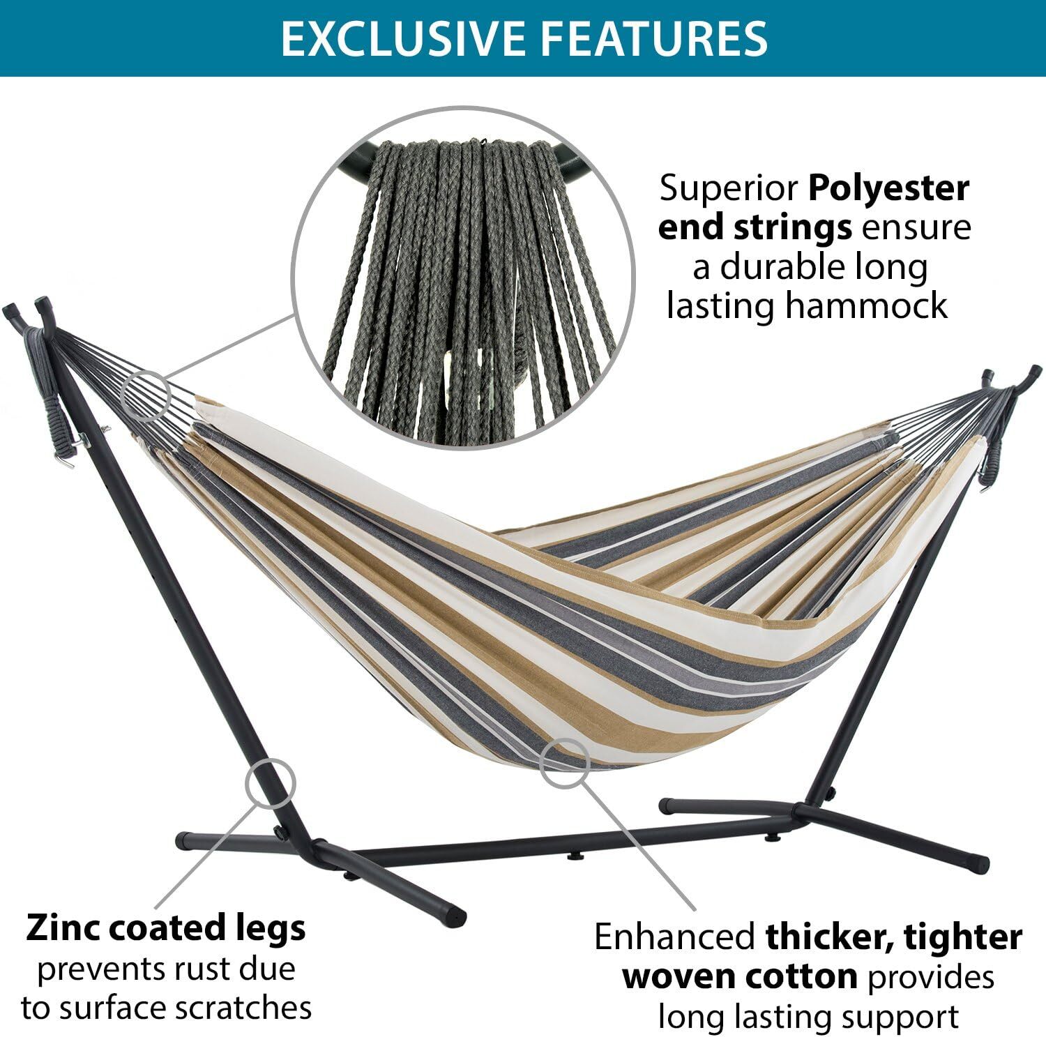 Vivere Double Cotton Hammock with Steel Stand, 450 lb Capacity, Tropical Colors, Includes Premium Carry Bag
