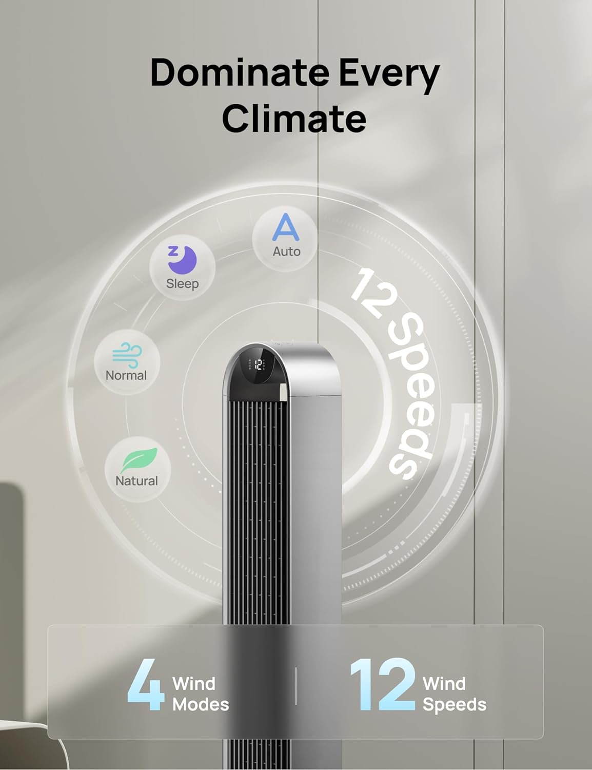Dreo Tower Fan for Bedroom, 42 Inch 120�� Oscillating Fan, 25dB Quiet DC Motor, 28ft/s Velocity Bladeless Standing Fan with 12 Speeds, 4 Modes, 12H Timer Cooling Fans for Home, Living Room, Pilot Max S