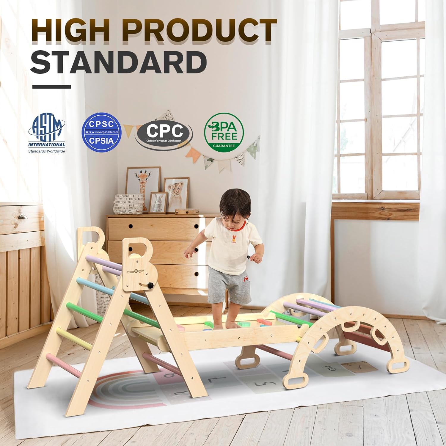 BlueWood 7-in-1 Foldable Pikler Triangle Set for Toddlers  C Wooden Montessori Climbing Toys with Slide, Arch & Ladder, Safe & Eco-Friendly Indoor Jungle Gym