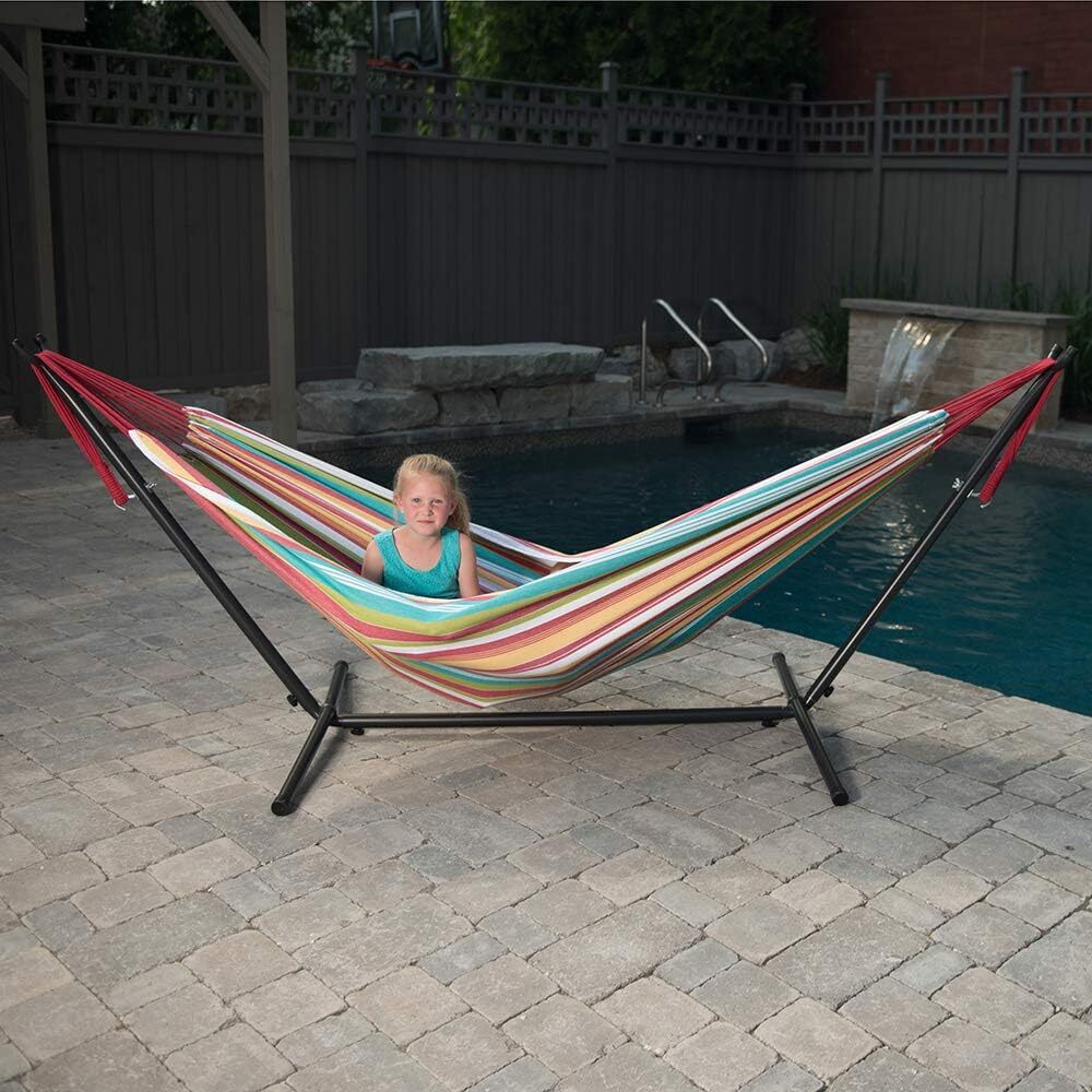 Vivere Double Cotton Hammock with Steel Stand, 450 lb Capacity, Tropical Colors, Includes Premium Carry Bag