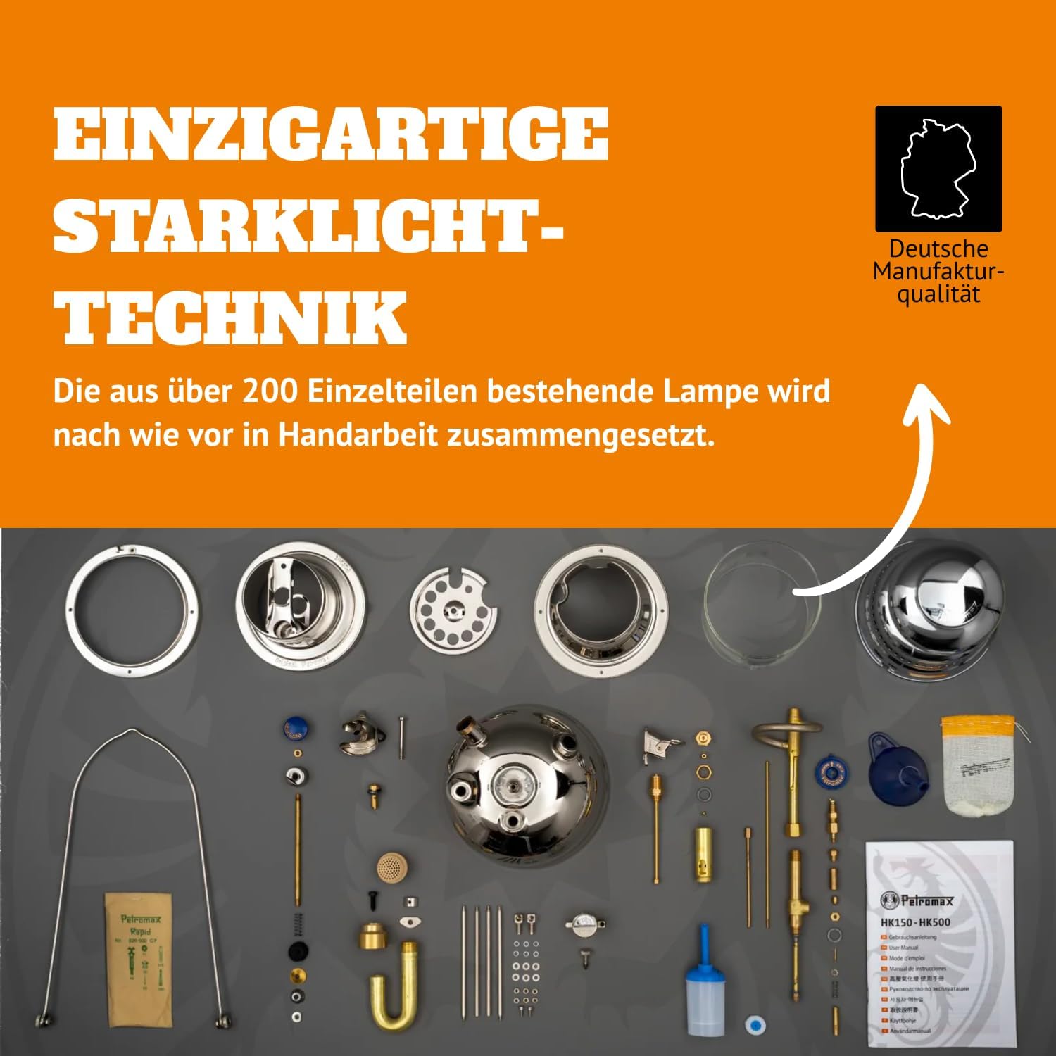 HK500 Pressurized Lantern, 500 Candlepower with 1 Quart Kerosene Tank for Home, Camping or Emergency Lighting, Hand Assembled High Pressure 400 Watt Lamp, Polished Brass